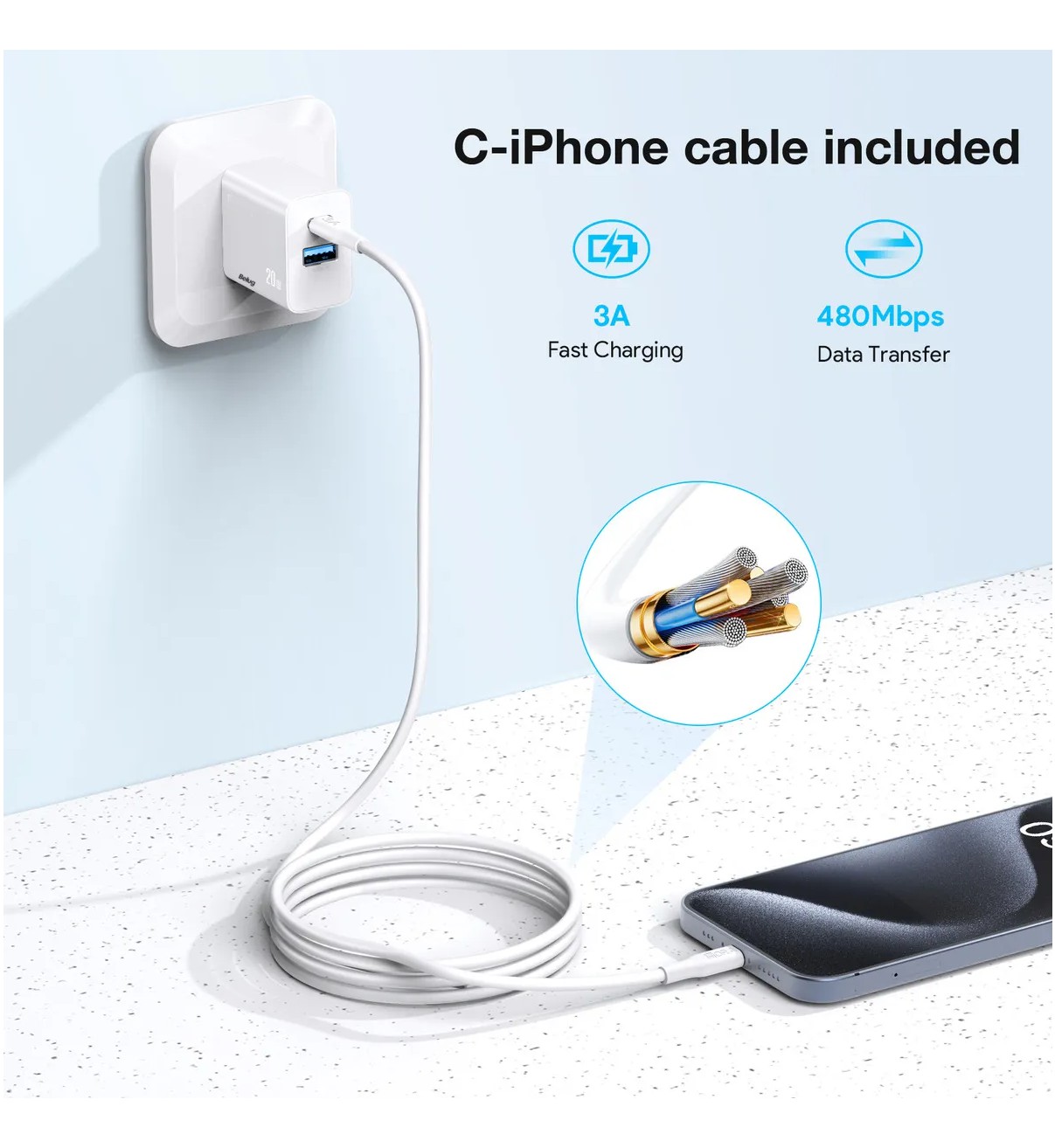 Cargador para iPhone 20W Carga R&aacute;pida Dual Salida USB C & USB Belug Blanco image number null
