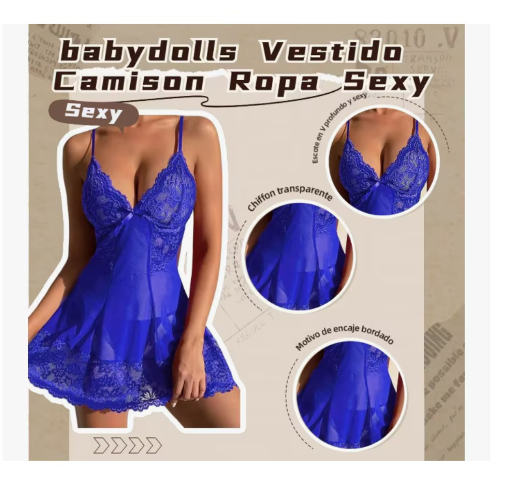 Lencer&iacute;a Para Mujer babydolls Vestido Camison Ropa Sexy En V talla:AZUL L image number null