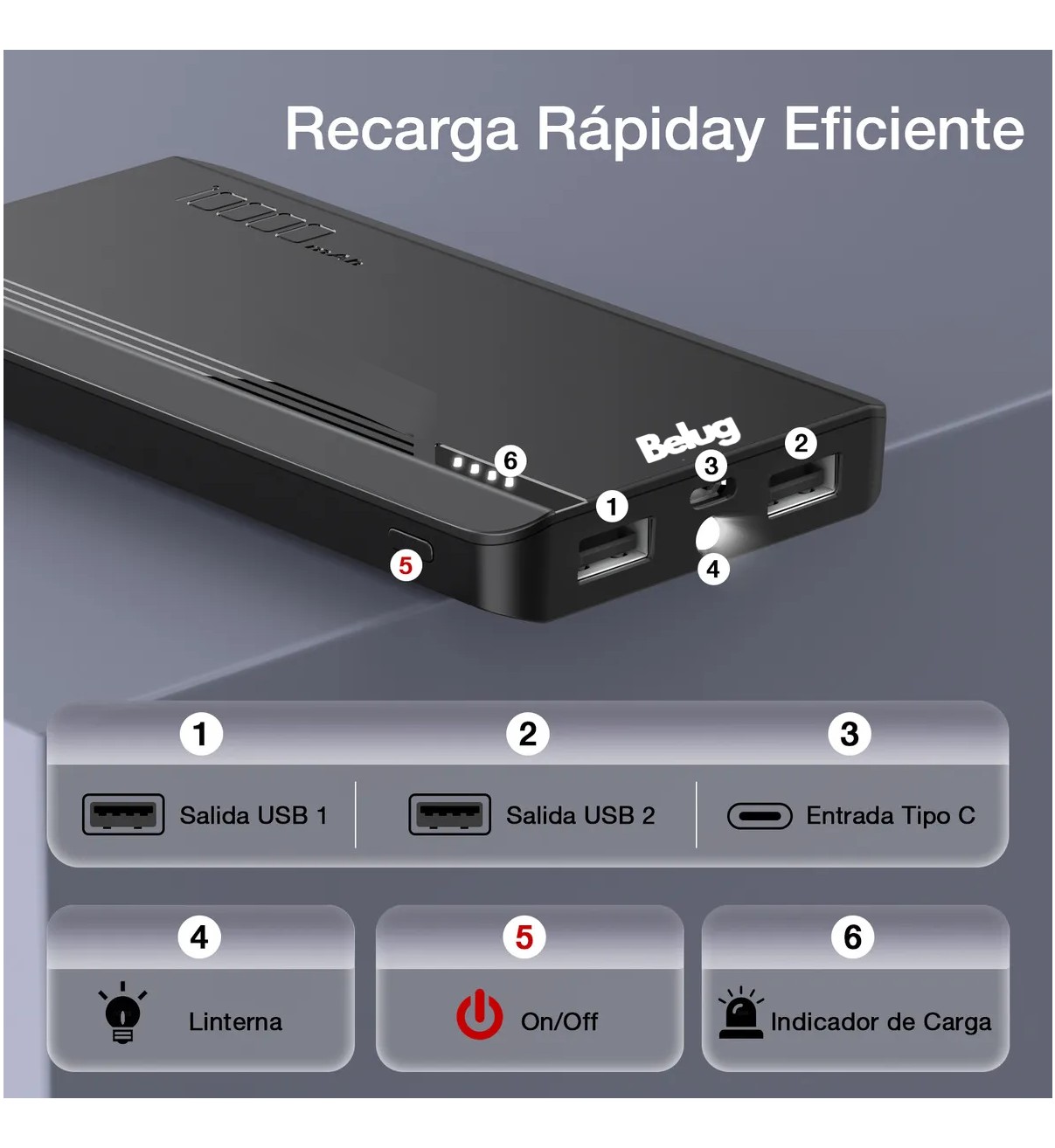 Power Bank Bater&iacute;a Port&aacute;til 10000mah 2.1a Belug Carga Bateria Portatil Con 2 Puertos image number null