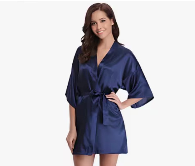 Batas Para Novias Damas Sin Bordado Pijamas Dama Satin Modelo Azul XL image number null