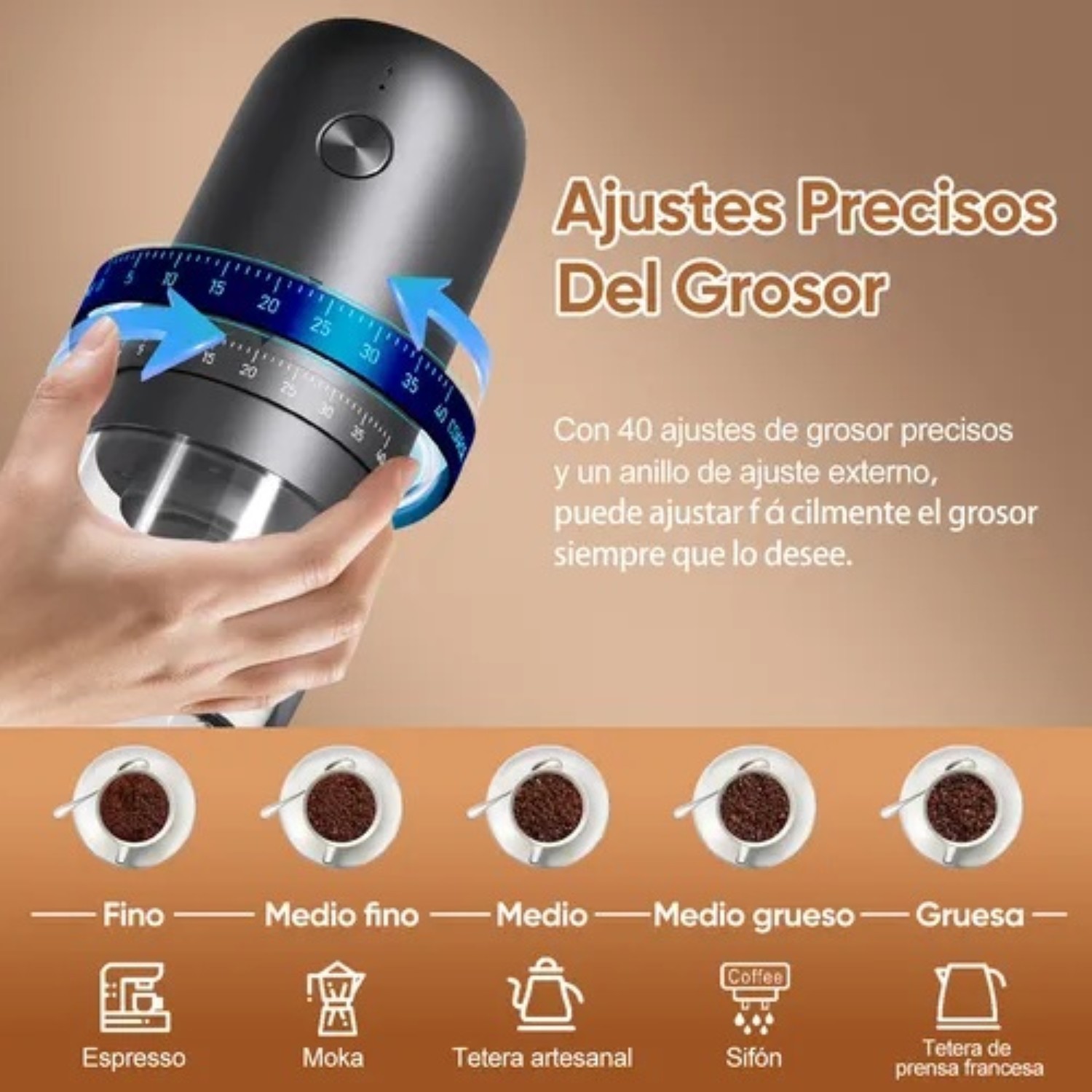 Molino De Caf&eacute; El&eacute;ctrico Recargable 1800mah Grosor Ajustable Negro image number null