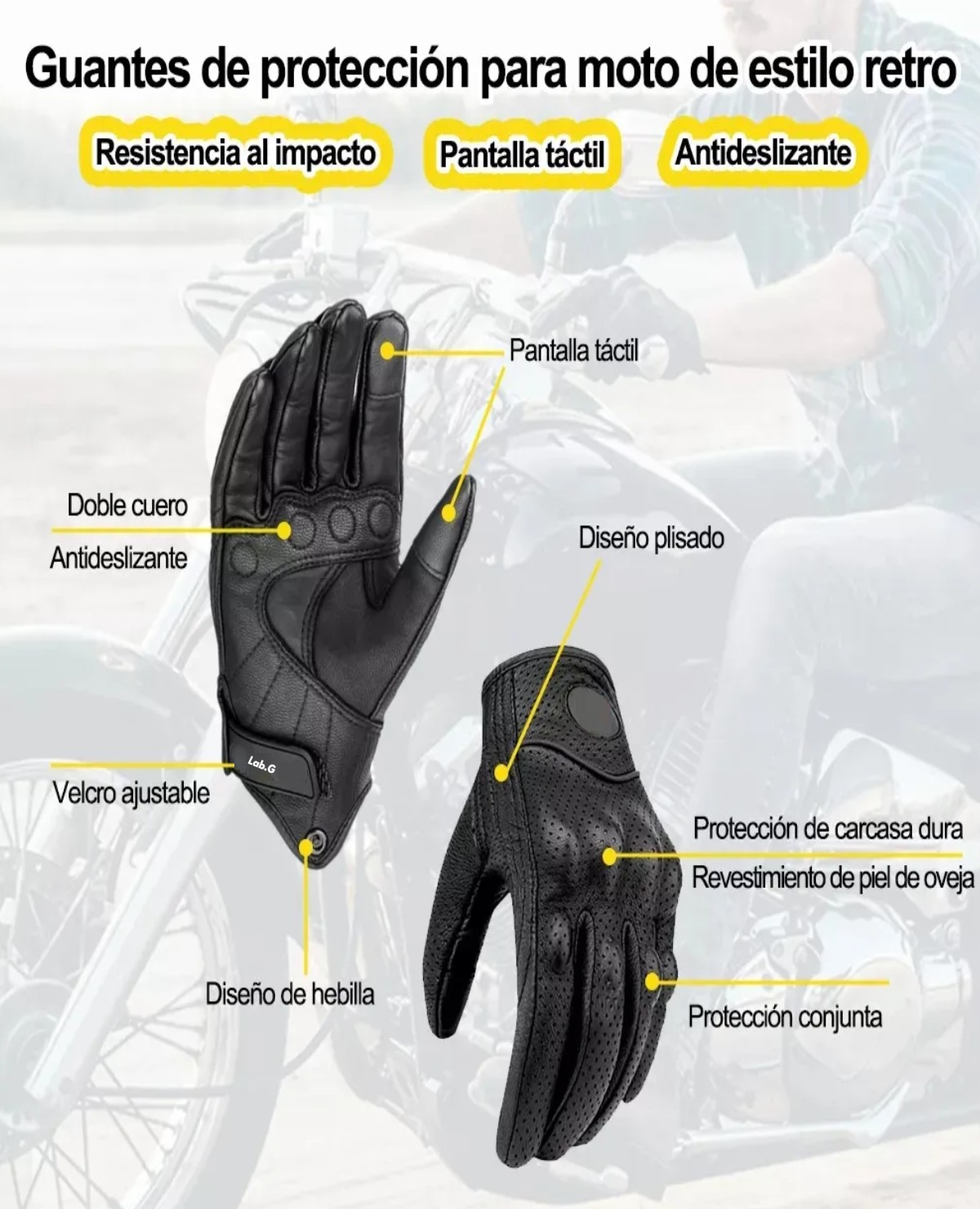 Guantes De Moto 100% Cabra Piel T&aacute;ctil Talla G Con Agujero image number null