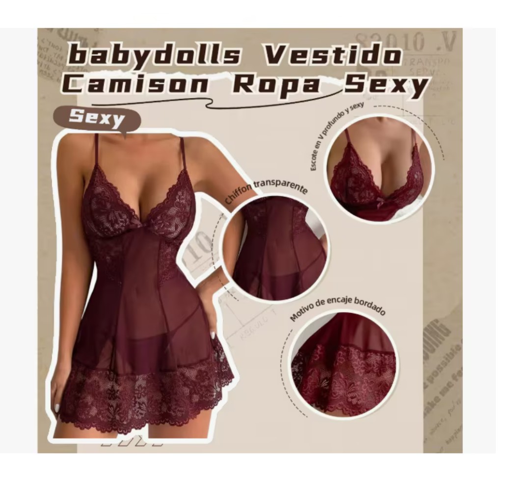 Lencer&iacute;a Para Mujer babydolls Vestido Camison Ropa Sexy En V color: BURDEOS L image number null