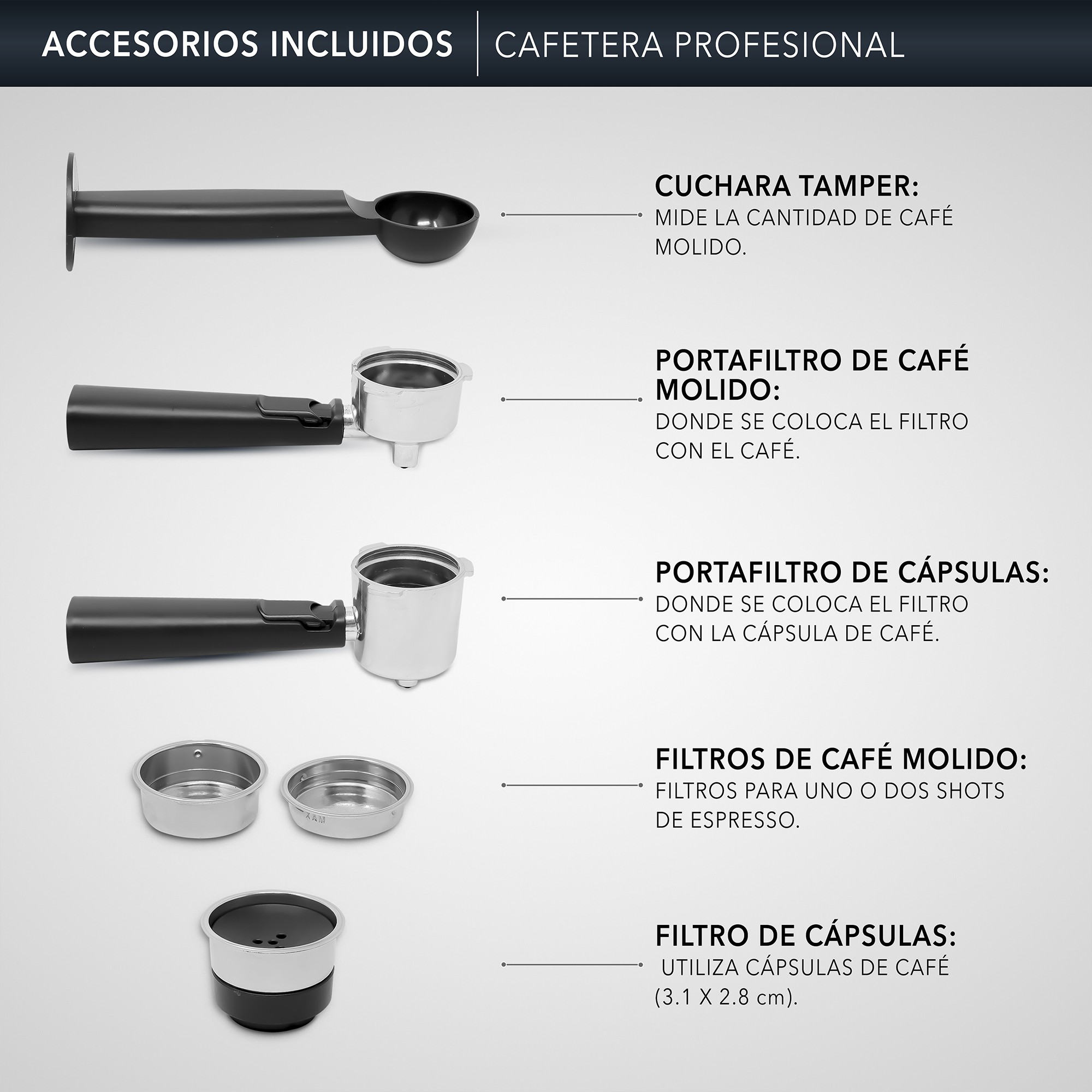 RCA Cafetera Profesional RC-CAF5, 2 en 1 para Caf&eacute; Molido y C&aacute;psulas, Espumador, Pantalla Inteligente, 1.5L. image number null