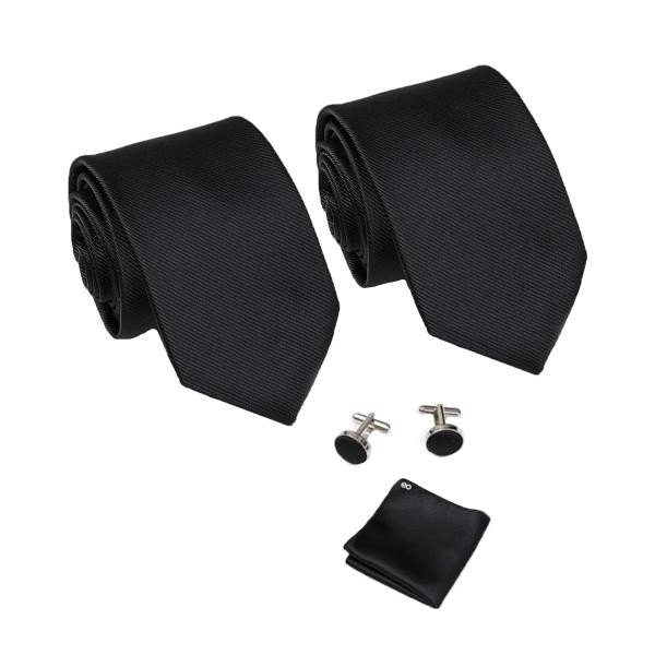2*corbata + Pa&ntilde;uelo + Mancuernillas Conjunto Para Hombre Negro y Negro image number null