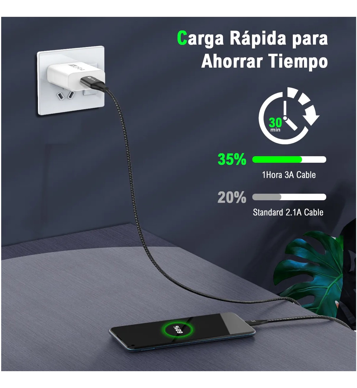 Cable de Datos USB a Tipo C Belug, 2 Metros Nailon Trenzado Negro USB 2.0 3A Cable Carga R&aacute;pid image number null