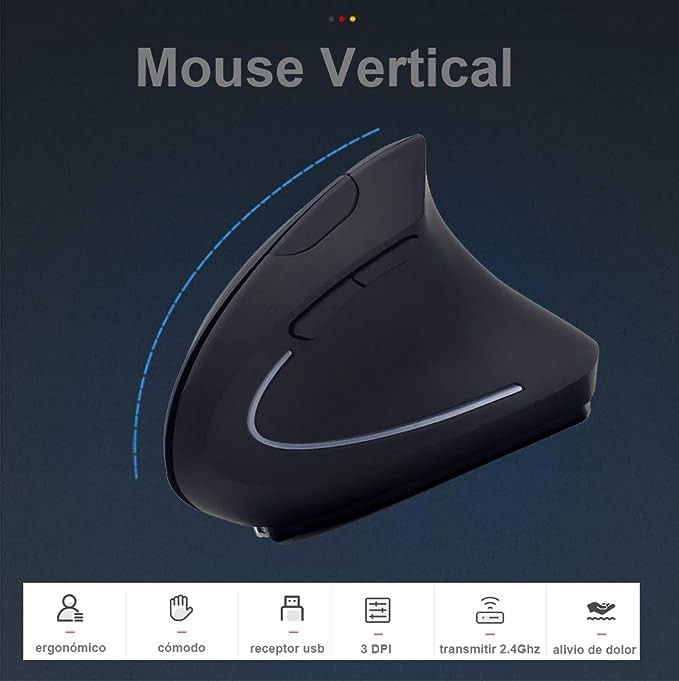 Mouse Inal&aacute;mbrico Ergon&oacute;mico Recargable, Mouse Vertical &Oacute;ptico de 2.4Ghz con 3 DPIs Ajustables, Dise&ntilde;o de 6 Botones con Receptor USB, Compatible con Sistema Windows y Mac(Negro). image number null