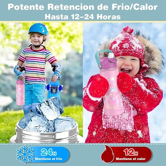 A BSMKD Botella de Agua para Ni&ntilde;os, Botella de Acero Inoxidable para Ni&ntilde;os y Ni&ntilde;as, 18oz Termo de Agua Aislada Reutilizable con 2 Pajitas, 100% A Prueba de Fugas, para Escuela (Rosa). image number null