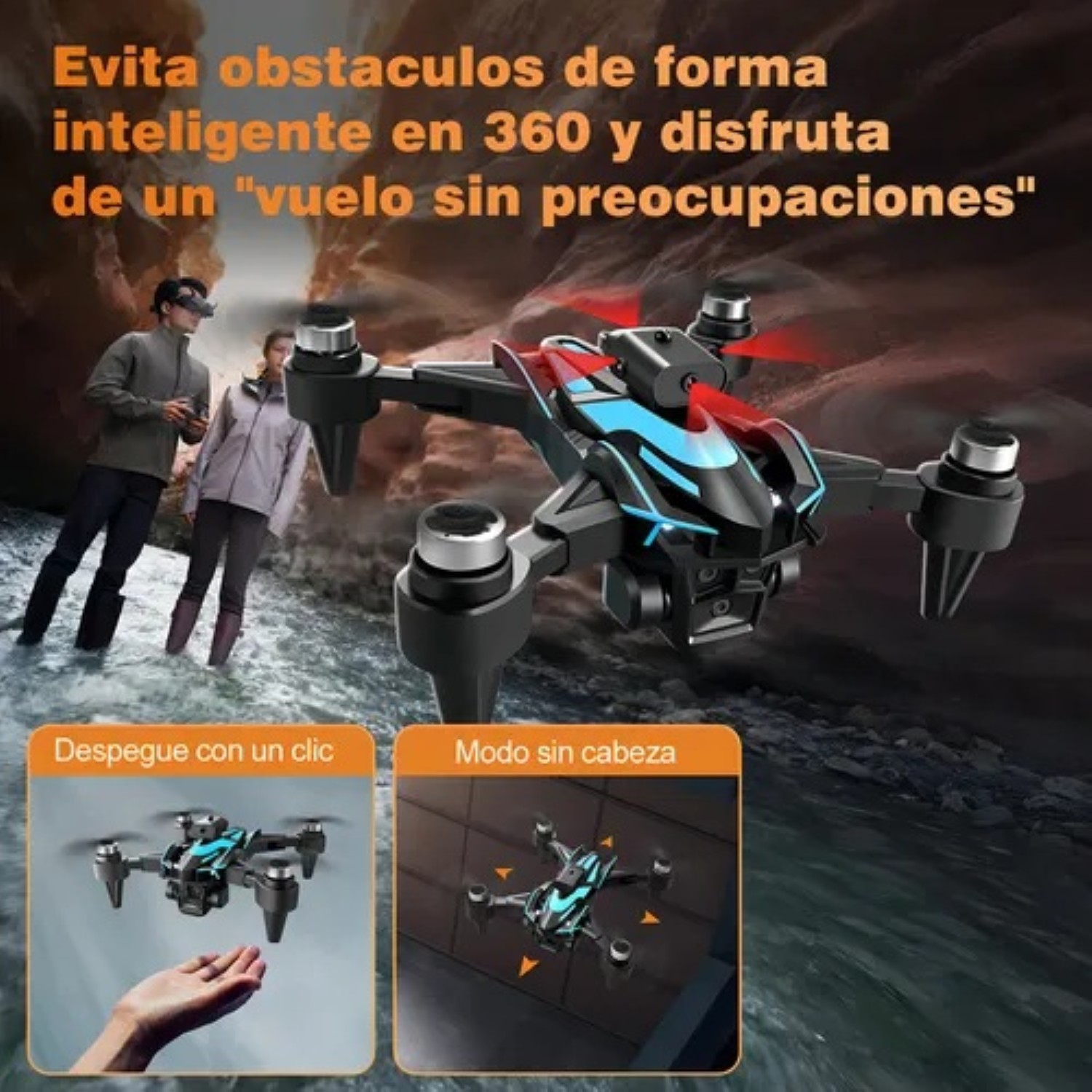 Drone Con Dual C&aacute;mara 8k Negro 2.4ghz 3 Bater&iacute;a Negro con Azul image number null