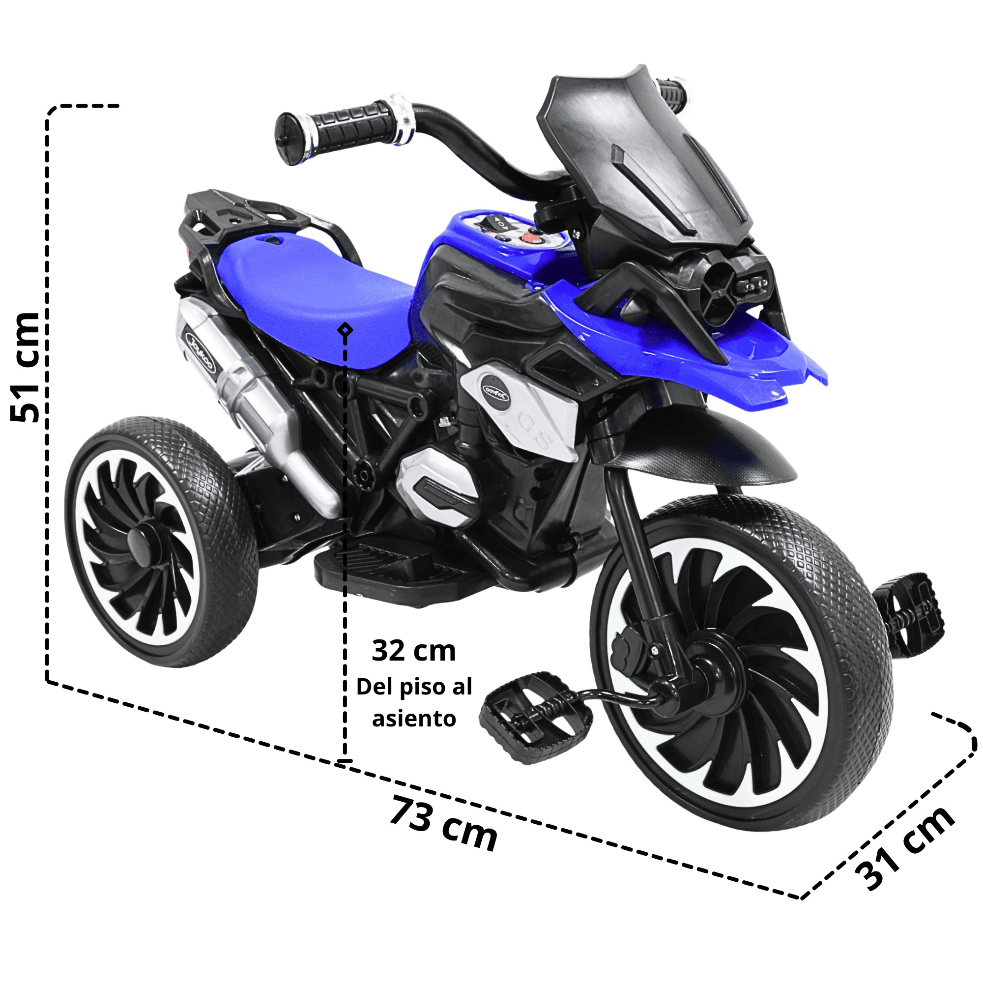 Moto Montable El&eacute;ctrica para Ni&ntilde;os Triciclo H&iacute;brido con Luces y Sonido Recargable 6v Soporta hasta 30 kg - Azul image number null