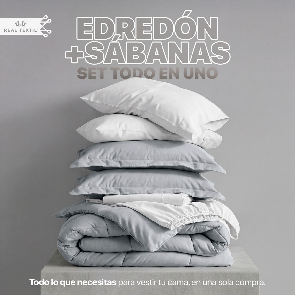 Set Edred&oacute;n Matrimonial con Fundas y S&aacute;banas 7 Pzas (Gris / Blanco) Real Textil. image number null
