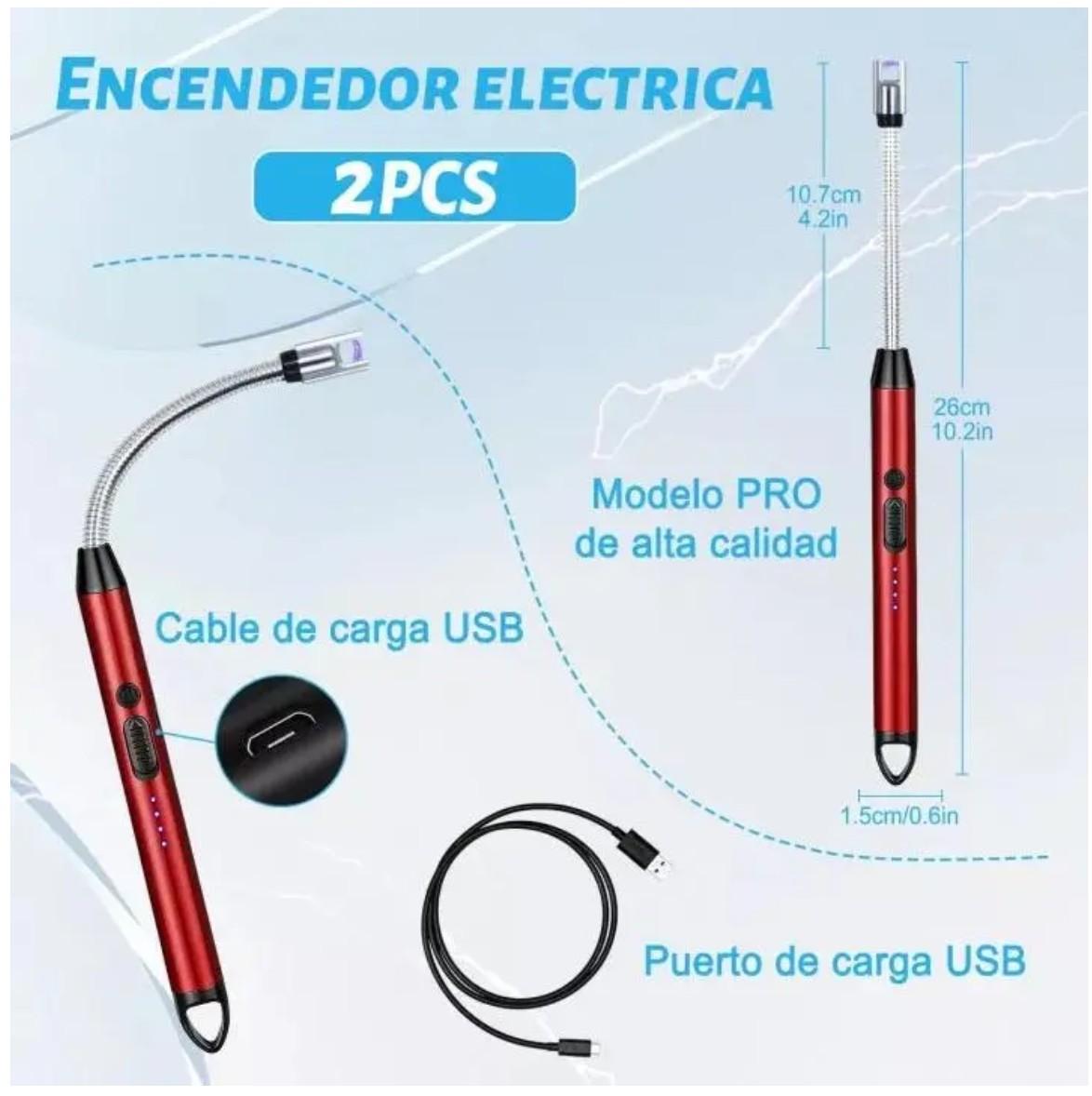 Encendedor El&eacute;ctrico Port&aacute;til Recargable De Cocina USB 2 Piezas Rojo image number null