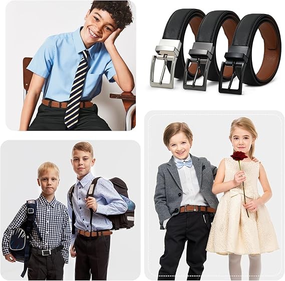 AWAYTR - Cinturones reversibles para ni&ntilde;os - Cintur&oacute;n de piel negro y caf&eacute; para uniforme escolar, jeans casuales. image number null
