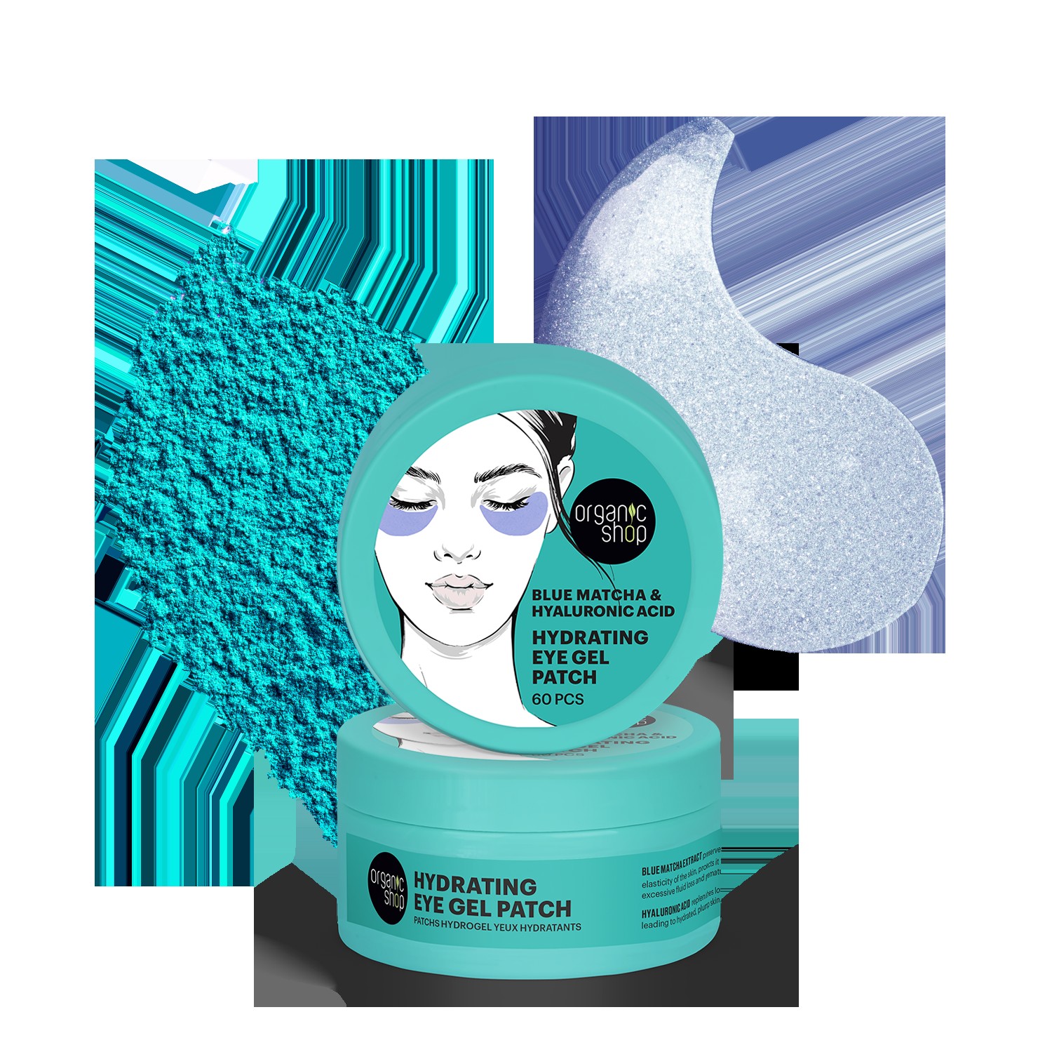 Parches de Gel Org&aacute;nicos para el contorno de ojos de Acido Hialur&oacute;nico y Matcha Az&uacute;l, 60 piezas, Organic Shop image number null