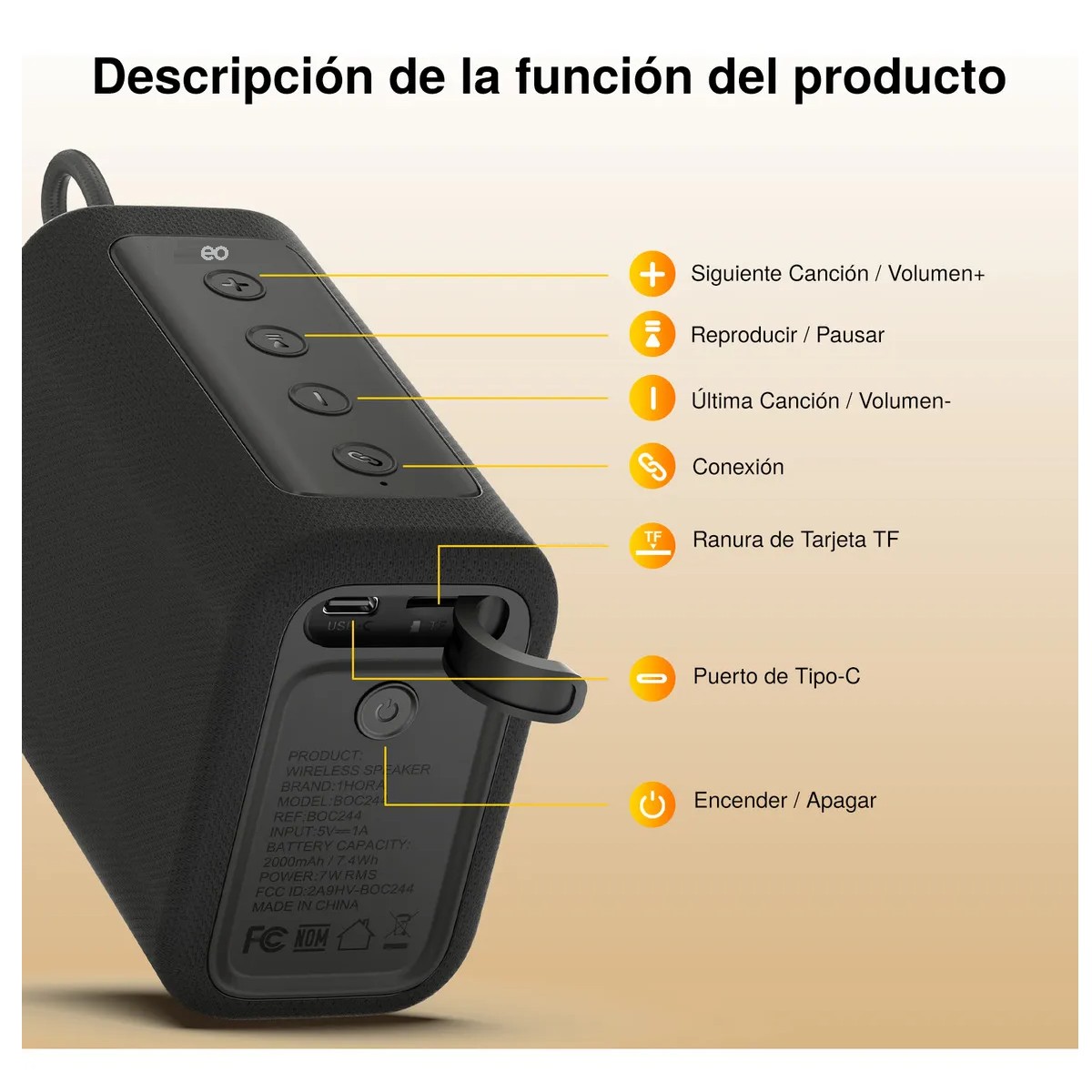 Bocina Bluetooth Port&aacute;til 7w Peque&ntilde;o Altavoz Negro image number null