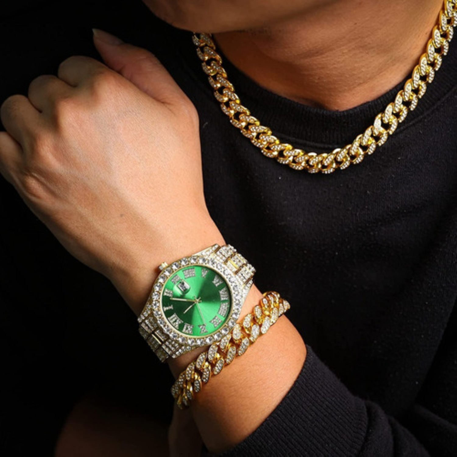 Reloj De Pulsera Unisex Con Diamantes Dorado Verde image number null