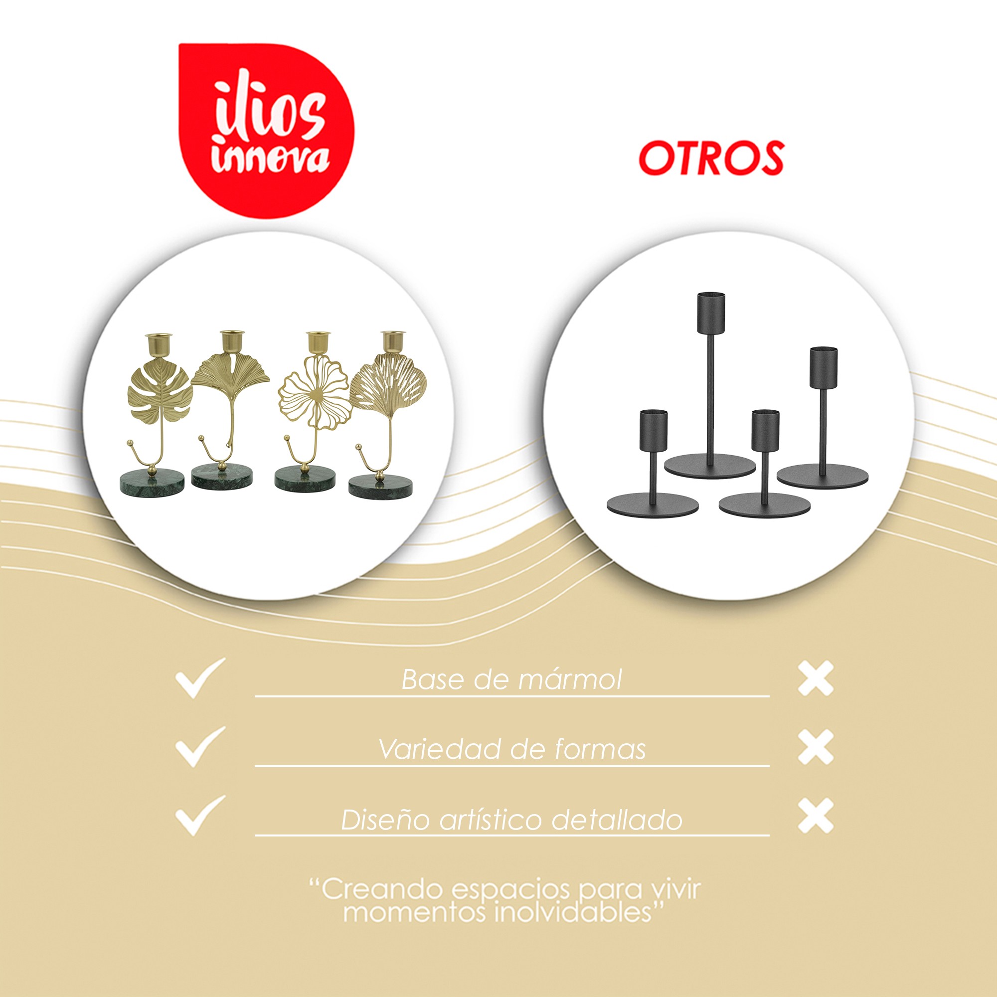Ilios Innova | Set 4 Portavelas Decorativos, Dise&ntilde;o de Hojas Met&aacute;licas Doradas con Base de M&aacute;rmol Verde, Estilo Elegante image number null