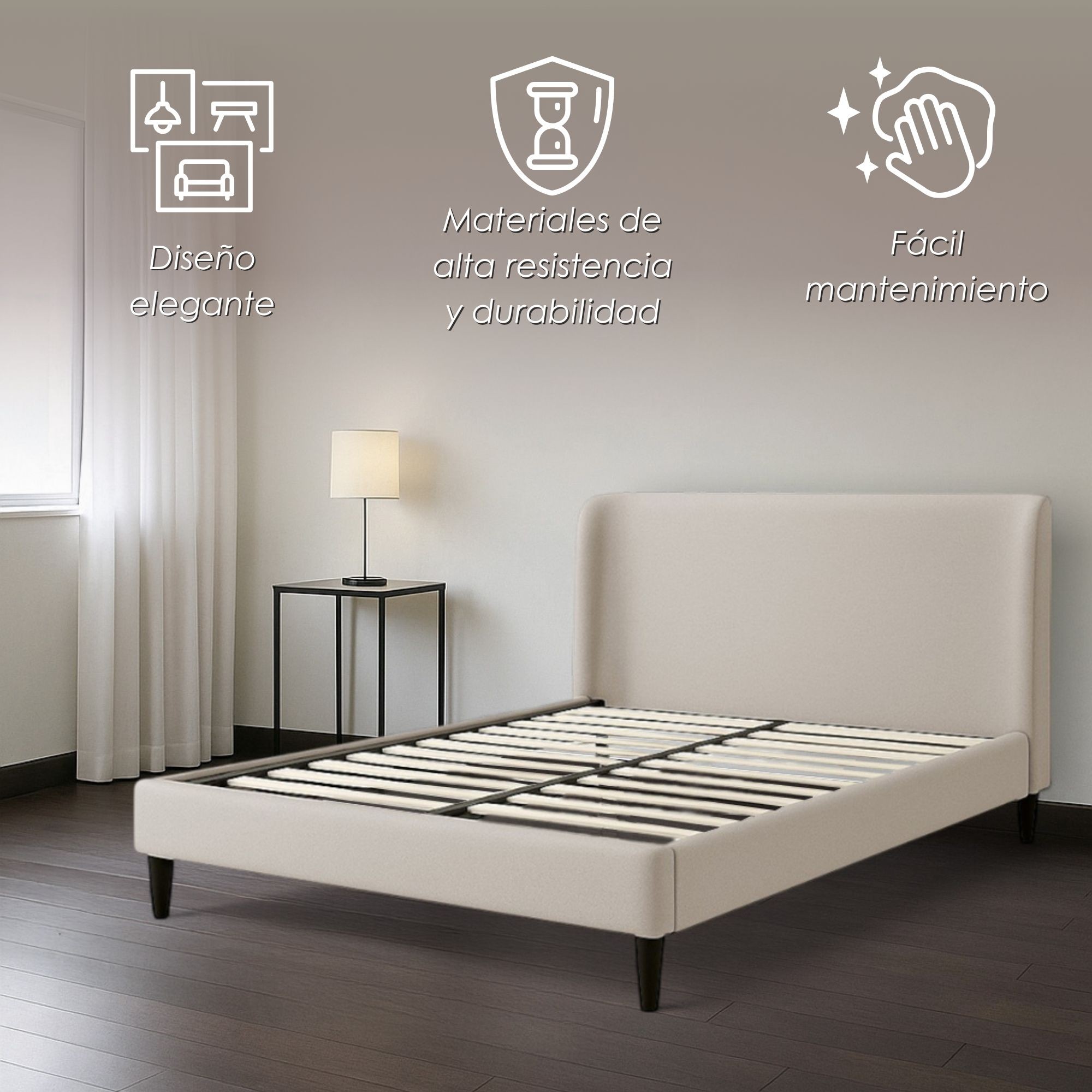 Ilios Innova | Cama Matrimonial Beige con Cabecera Tapizada en Lino y Poli&eacute;ster | Estructura de Madera Resistente image number null