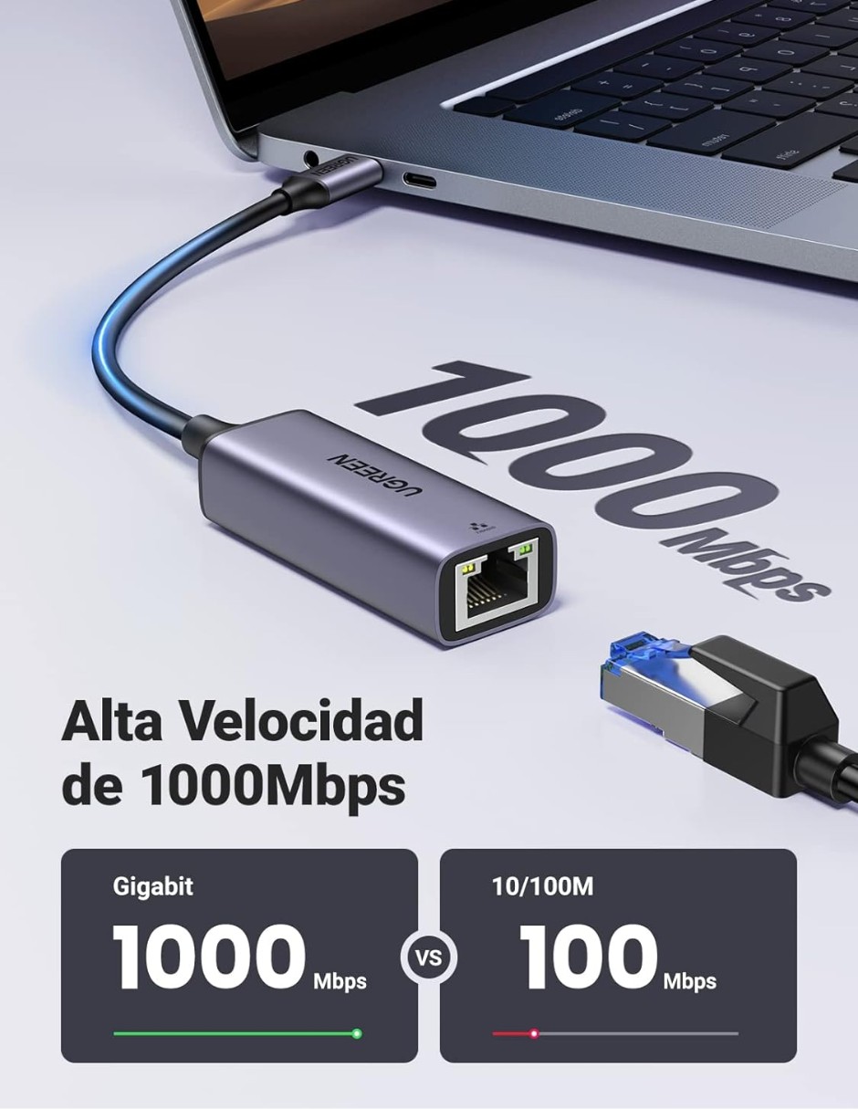 UGREEN Adaptador USB C a Ethernet, Gigabit 1000Mbps. image number null