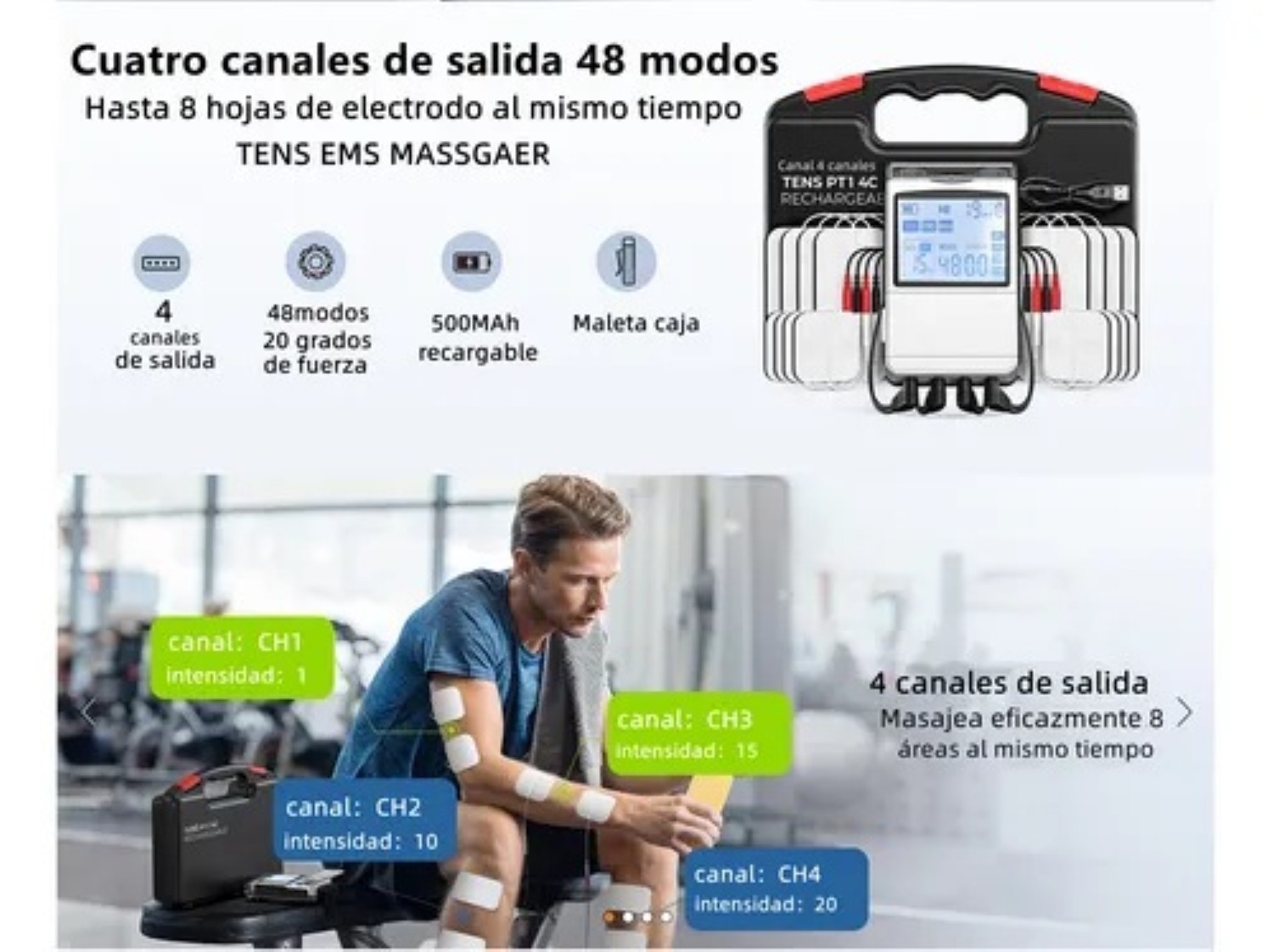 Electroestimulador Muscular 4 Canales 48 Modos 8pad Plata Negro image number null