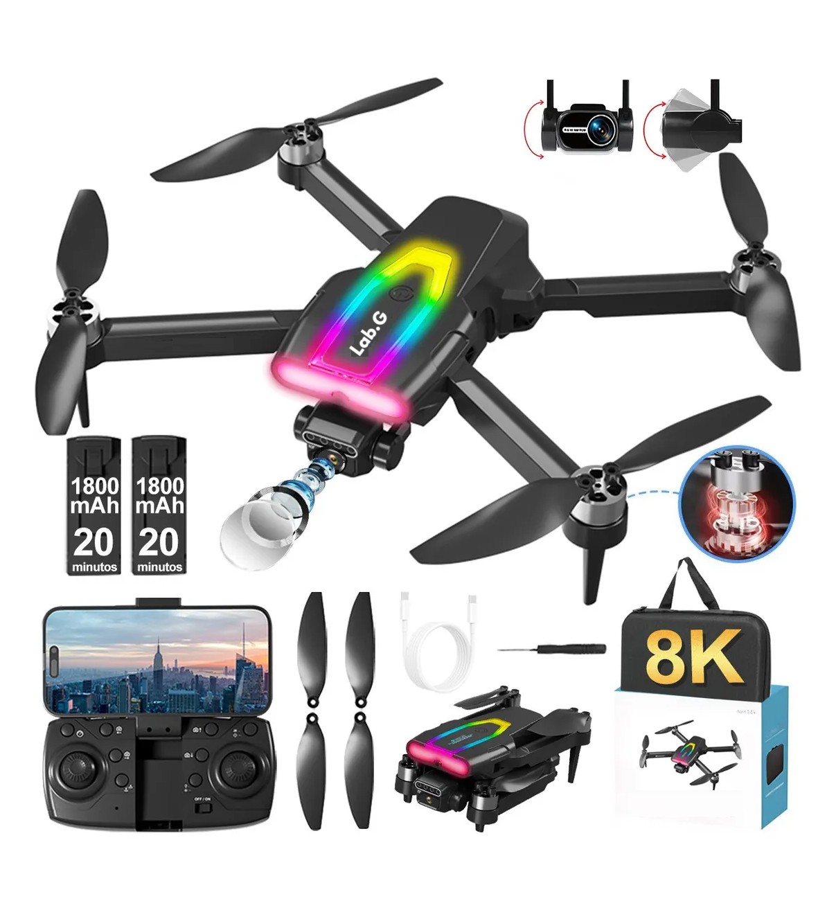 Mini Drone Sin Escobillas Lab.G Con 8k Hd C&aacute;mara Dual 2 Bater&iacute;as Negro image number null