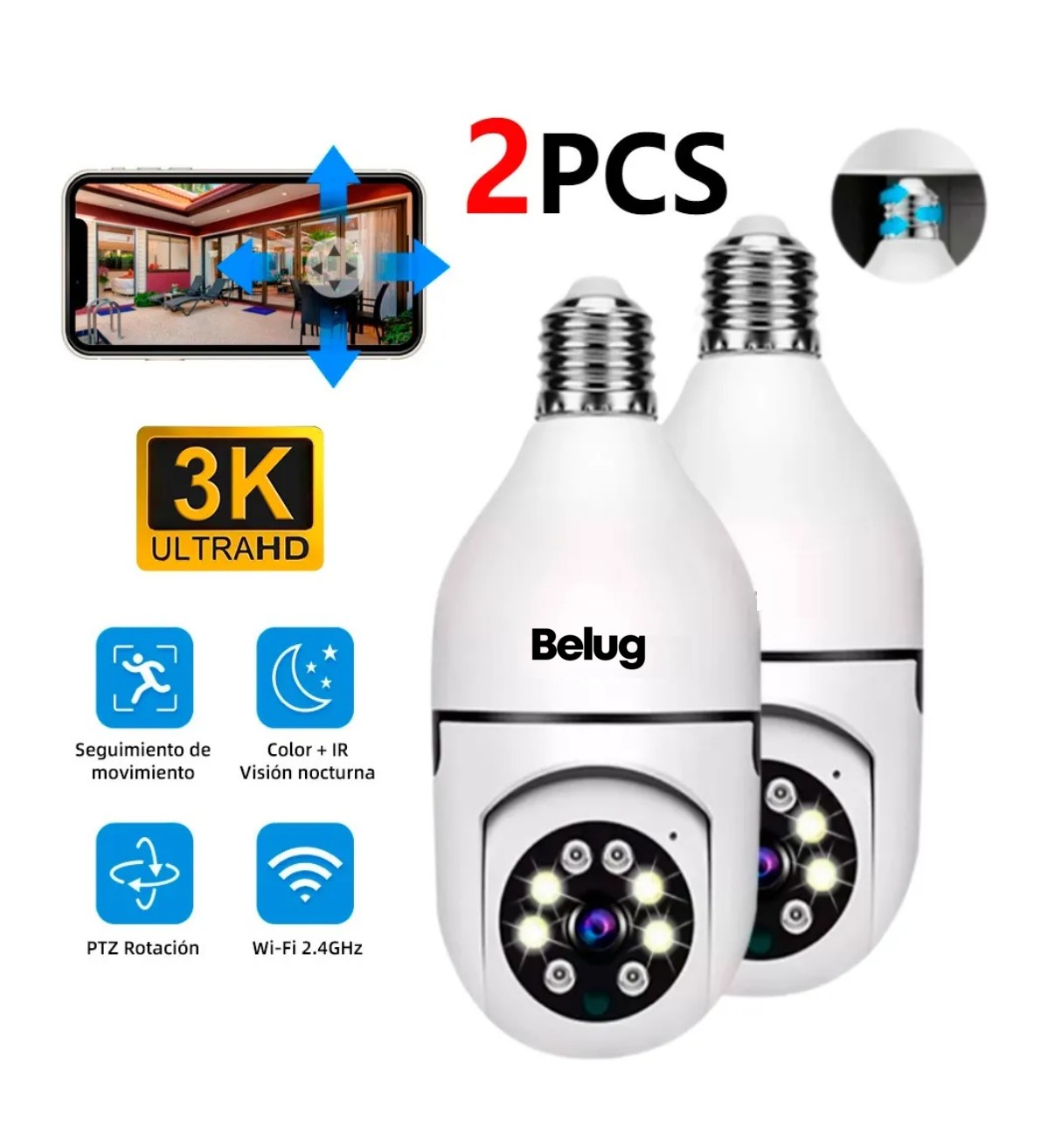 2pcs C&aacute;mara De Seguridad Wifi De 360&deg; Belug Visi&oacute;n Nocturna Alarma Blanco image number null