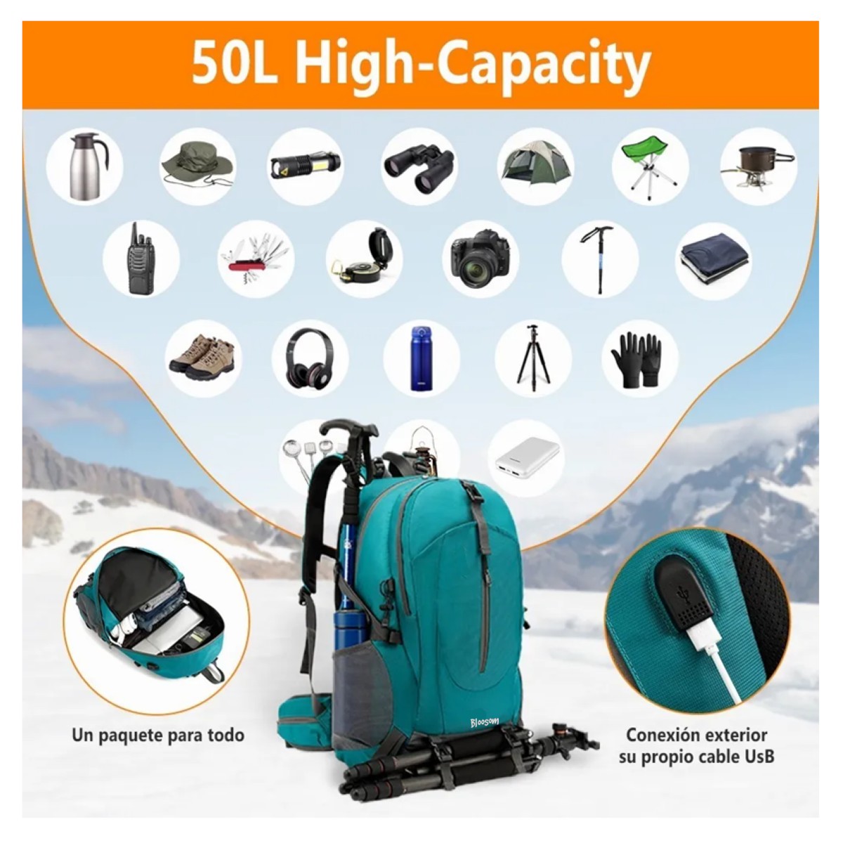 Mochila Impermeable 50l Para Senderismo Monta&ntilde;ismo Turquesa image number null