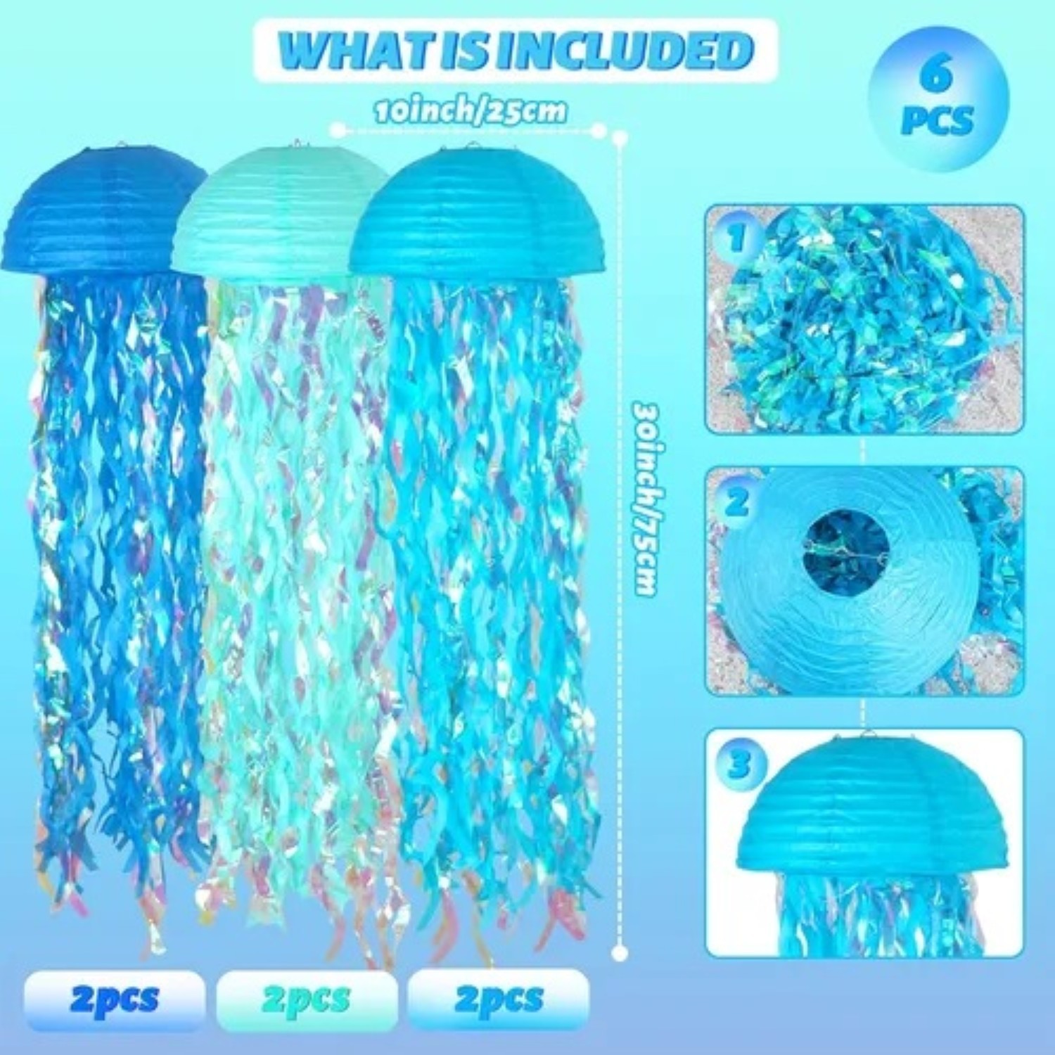 6pcs Fiesta En El Oc&eacute;ano Con Farolillos De Papel De Medusas Azul image number null