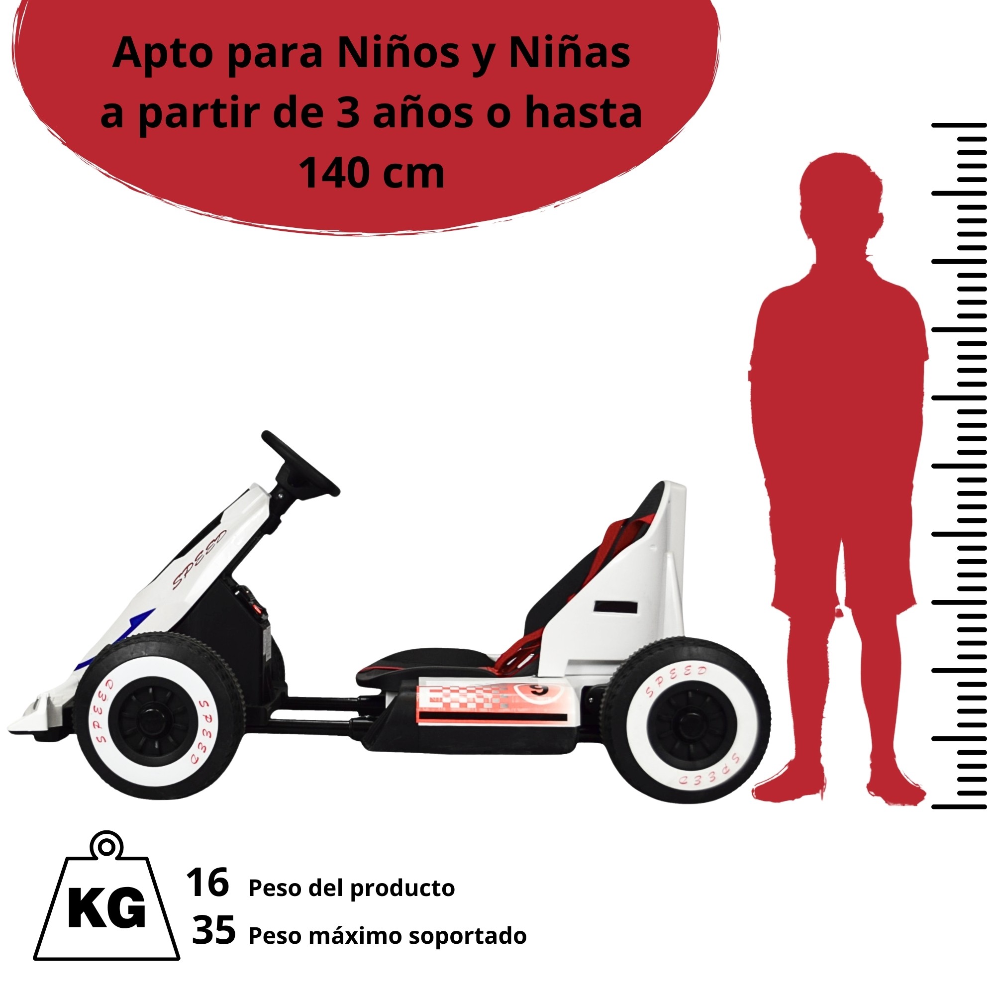Montable Electrico Go Kart para Ni&ntilde;os Largo Ajustable Luz 12v - Blanco image number null