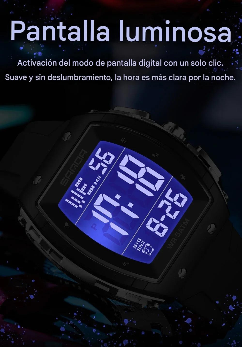 Reloj moda esfera plateado grande correa TPU cron&oacute;grafo deportivo calendario luminoso contra agua image number null