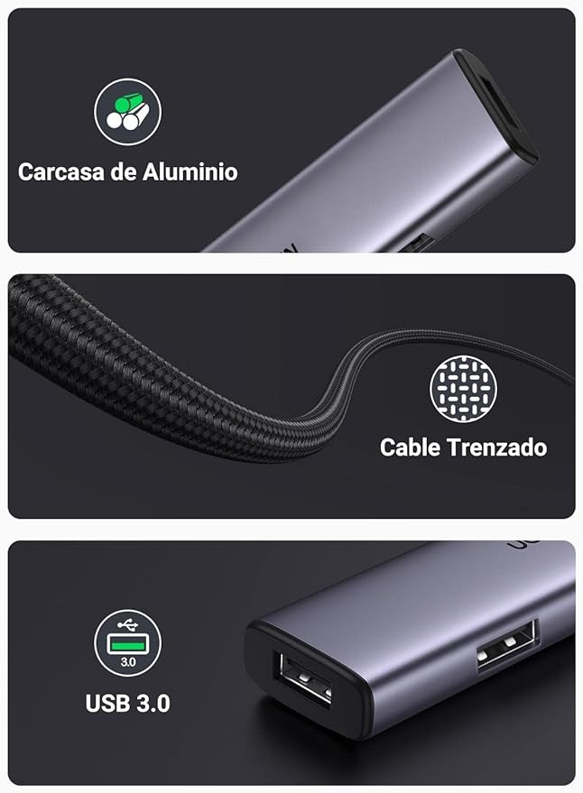 UGREEN Hub USB 3.0 de Aluminio Cable Trenzado, 4 Multi USB 3.0 y PD Carga Compatible con PC, Port&aacute;til, Teclado, Mouse image number null