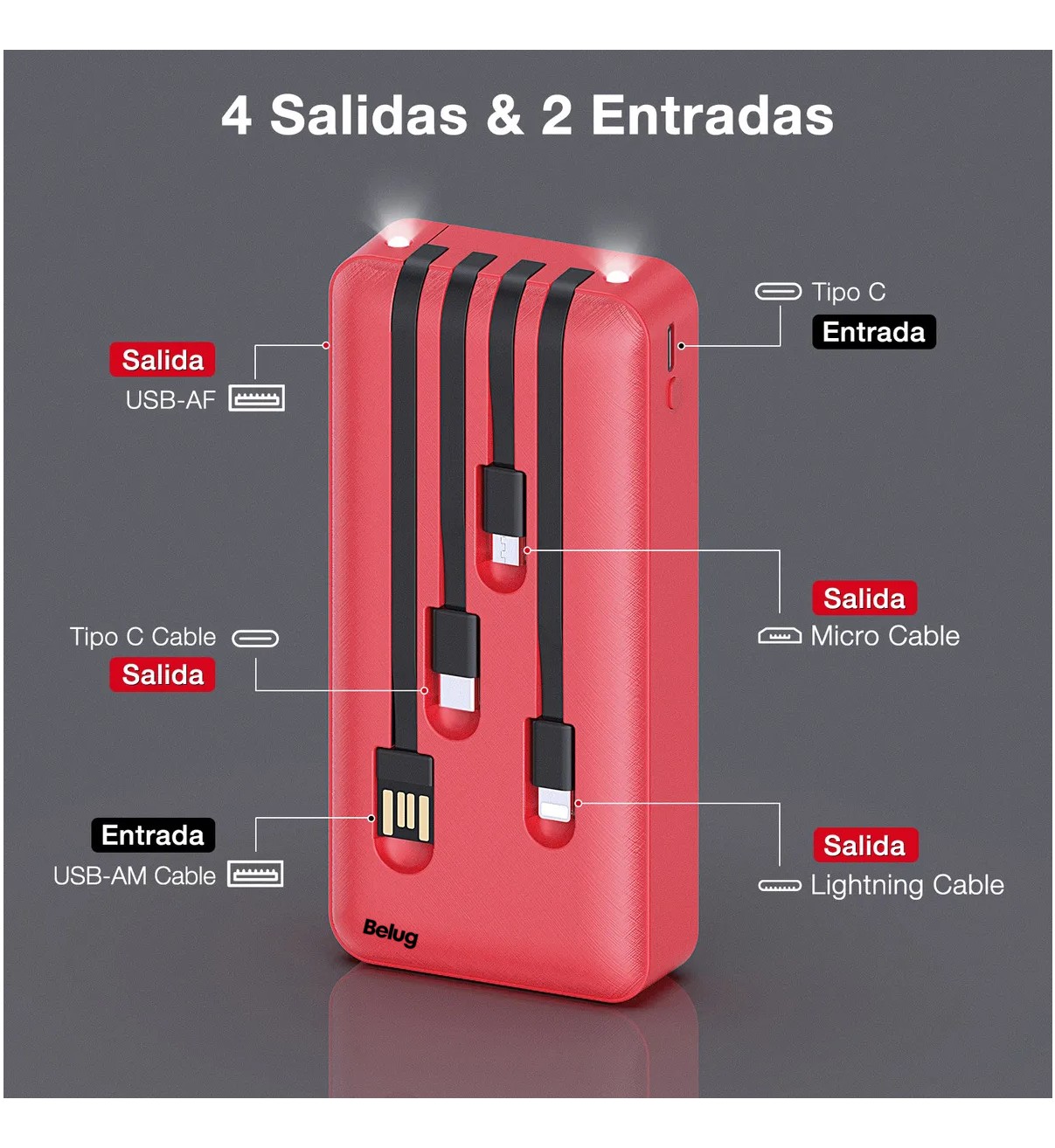 Power Bank 20000mAh bater&iacute;a port&aacute;til Belug con 4 cables USB Tipo C Micro USB compatible con IP Rojo image number null