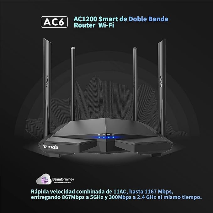 Tenda AC6 WiFi Router Inal&aacute;mbrico Inteligente, Enrutador AC1200, Doble Banda de 2.4G y 5G, 4 Antenas Externas de 5dBi, MU-MIMO, Beamforming, Ahorro de Energ&iacute;a, Configuraci&oacute;n F&aacute;cil, Negro. image number null