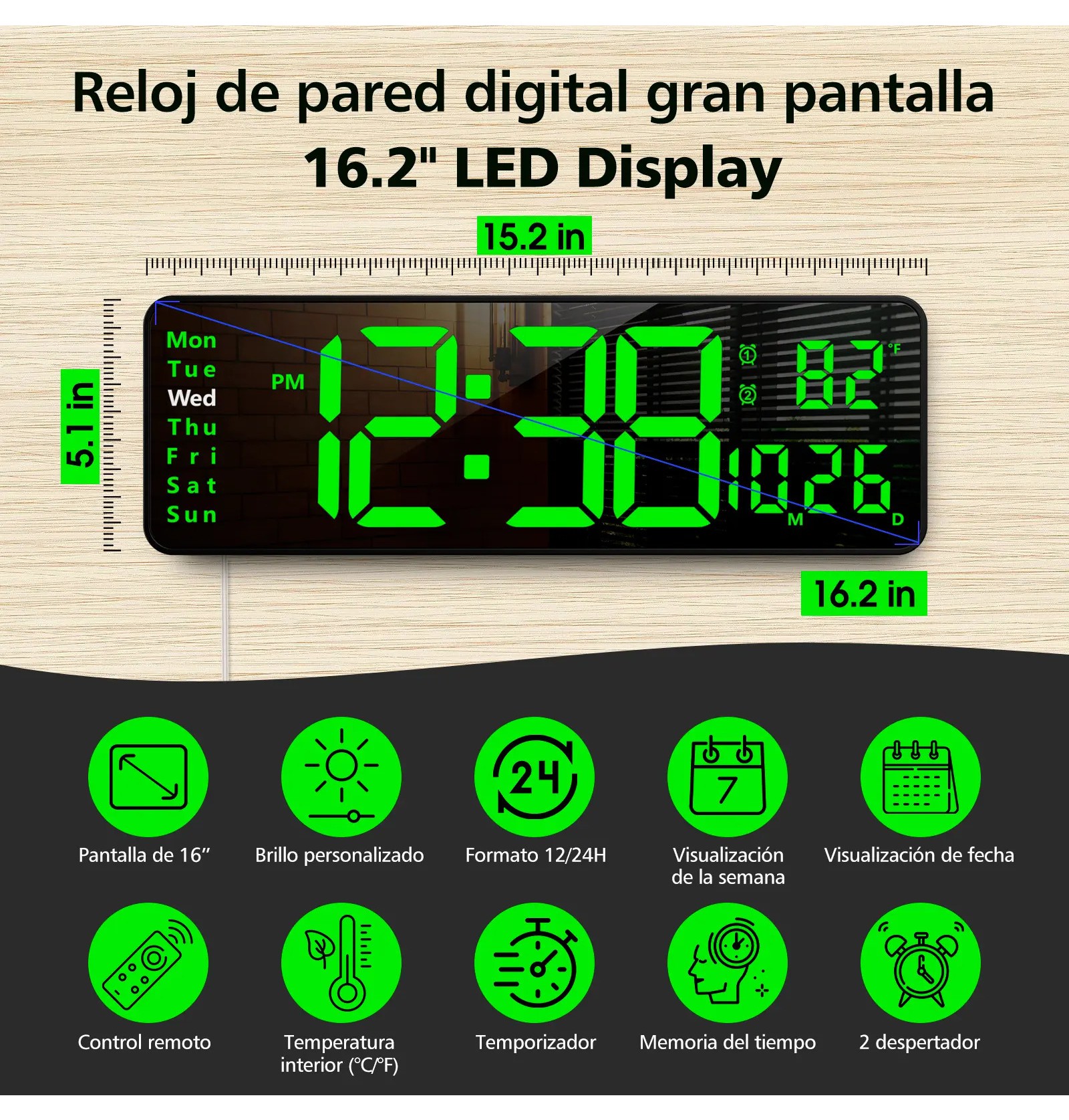 Reloj De Pared Digital Led Decorativo Con Term&oacute;metro Alarmas Negro image number null