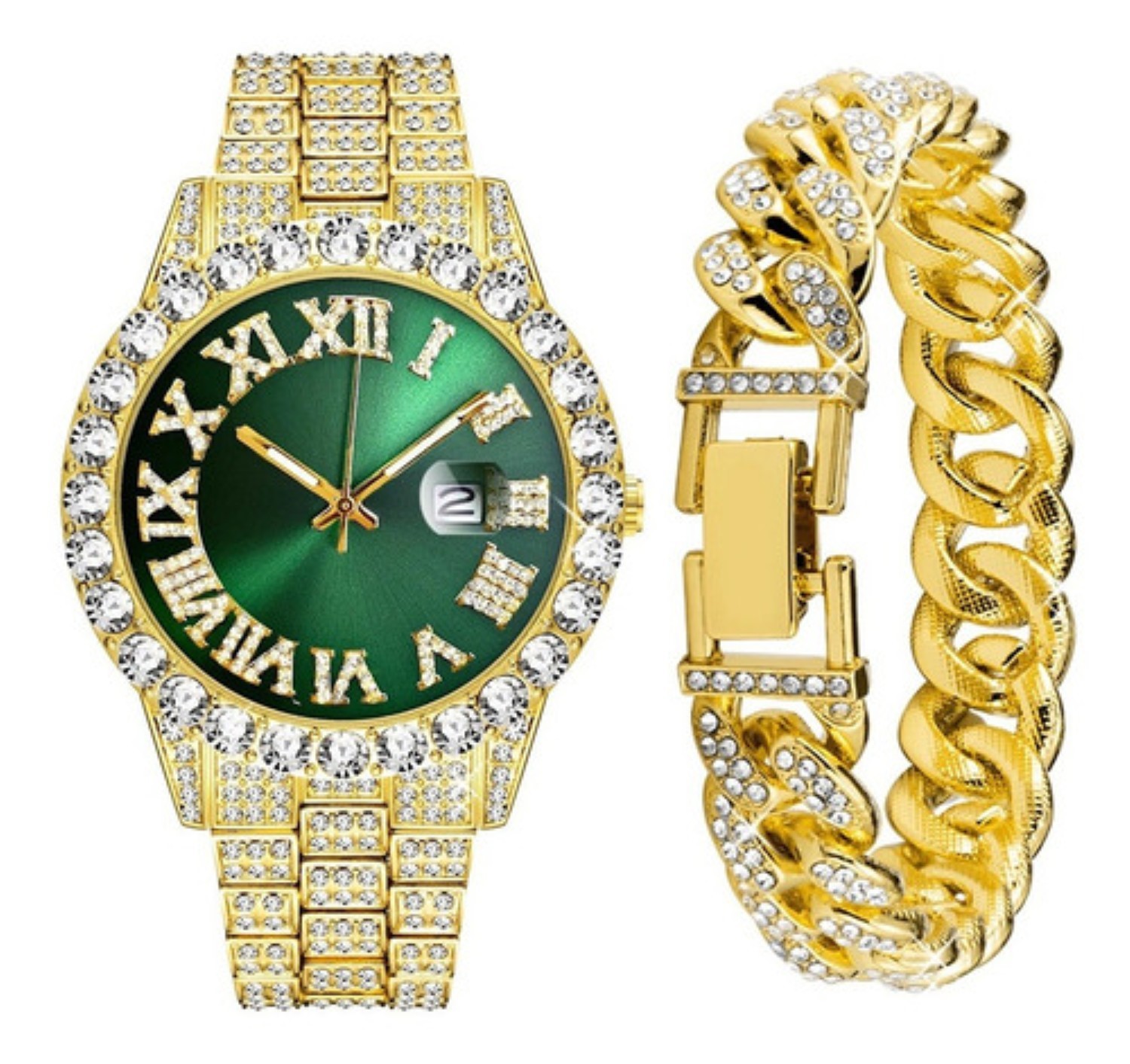 Reloj De Pulsera Unisex Con Diamantes Dorado Verde image number null