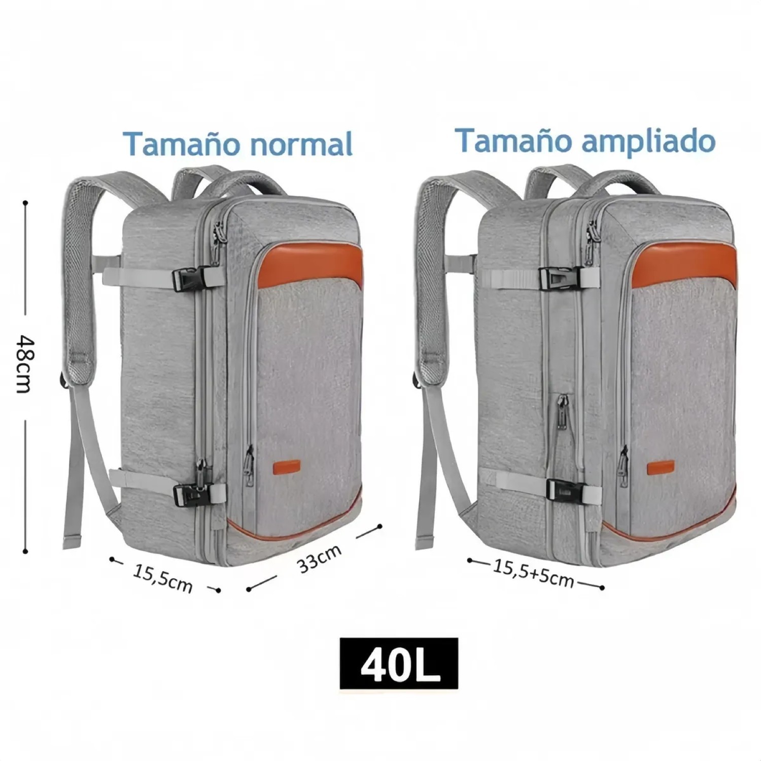 Mochila De Viaje 50L con Tres Bolsos Gris y Naranja. image number null