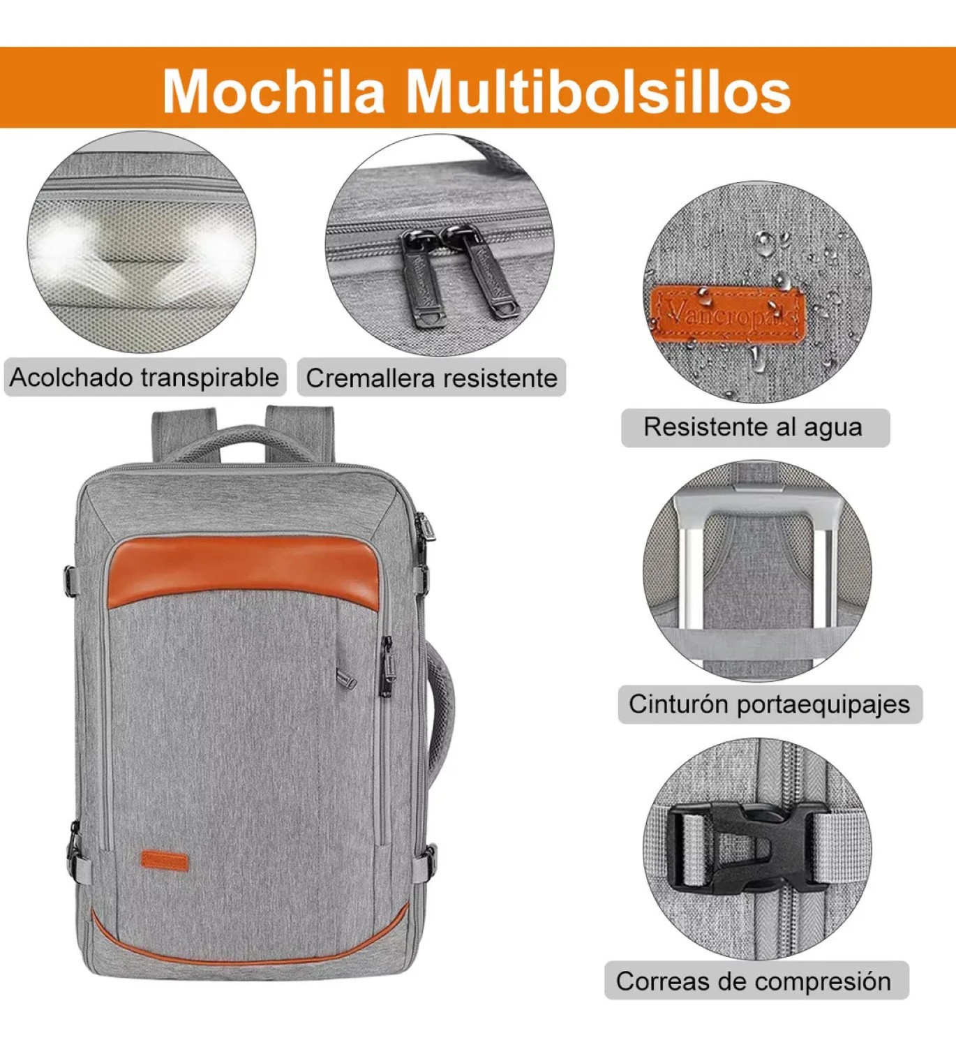 Mochila De Viaje 50L con Tres Bolsos Gris y Naranja. image number null