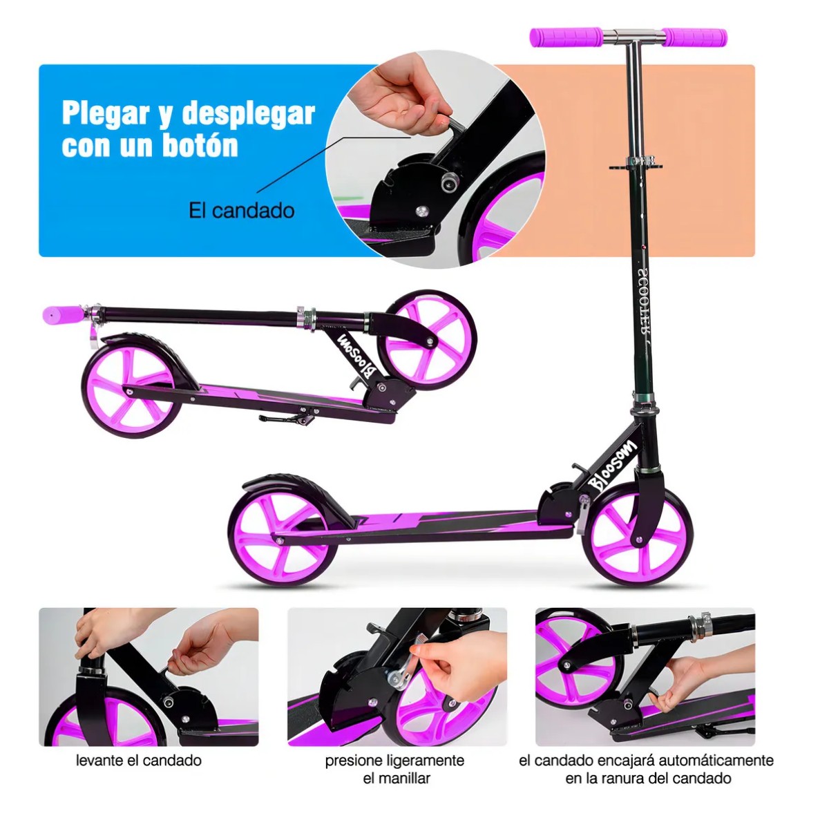 Scooter Plegable Ligero Y Con Manubrio De Altura Ajustable Rosa Negro image number null