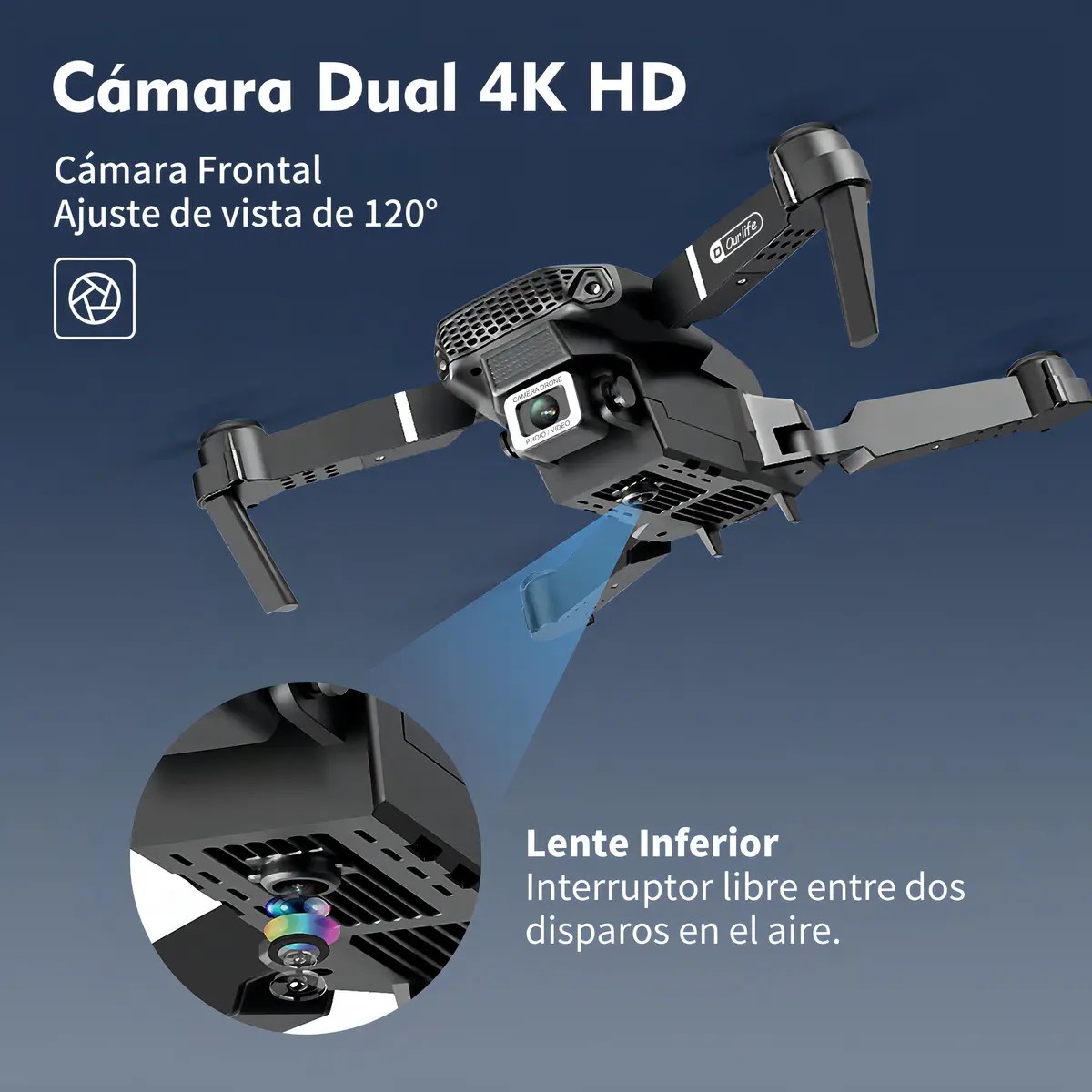 Mini Drone Ourlife AK Air2 Negro Con Dual C&aacute;mara 4K 2.4GHz Giro 360 Con 2 Bater&iacute;as Y Protector De H&eacute;lices image number null