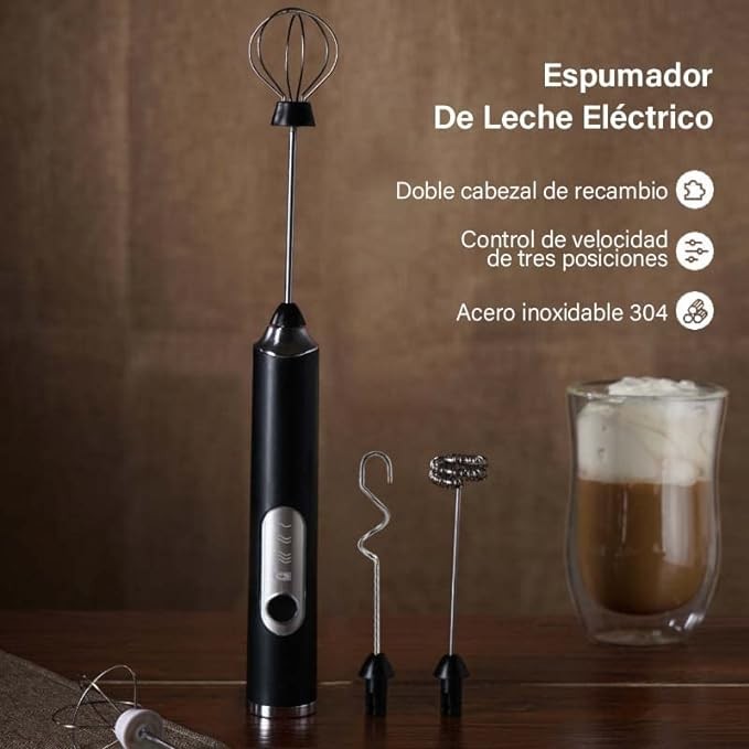 A Espumador de leche, Batidor de mano 3 en 1, Batidor el&eacute;ctrico de mano con 3 velocidades ajustables y 3 batidores de acero inoxidable para caf&eacute;s con leche, capuchinos, huevos, chocolate caliente,matcha. image number null