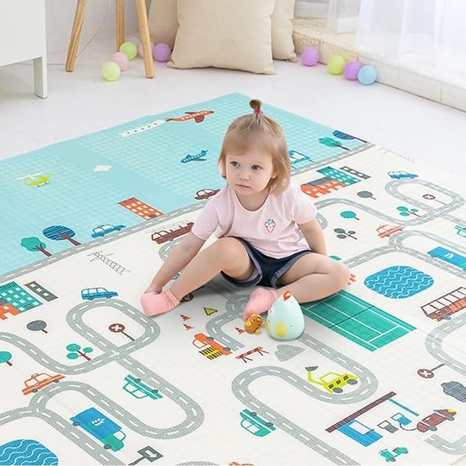 A PAPU BABY Tapete de Juego Plegable 1.50 x 2.00 para Beb&eacute;s Doble Vista Baby Play Mat (Carretera). image number null