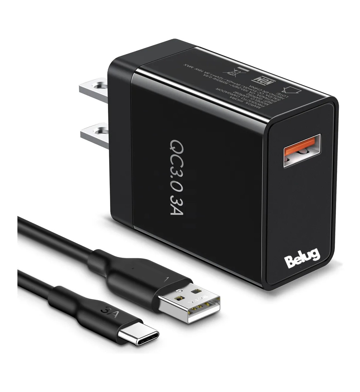 Cargador Tipo C Carga R&aacute;pida Belug 3A 18W Turbo Negro image number null