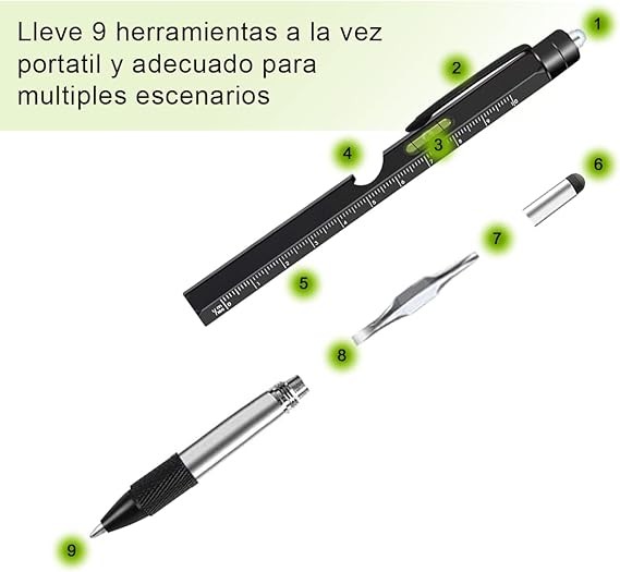 A CASAMIEL Pluma Bol&iacute;grafo Multifuncional, Bol&iacute;grafo 9 en 1 con Funci&oacute;n de Luz led/Destornillador/Regla/Nivel/Abrebotellas, Regalo Ideal para Hombres/Pap&aacute;s/Maridos (A-negro) Visita la tienda de CASAMIEL. image number null