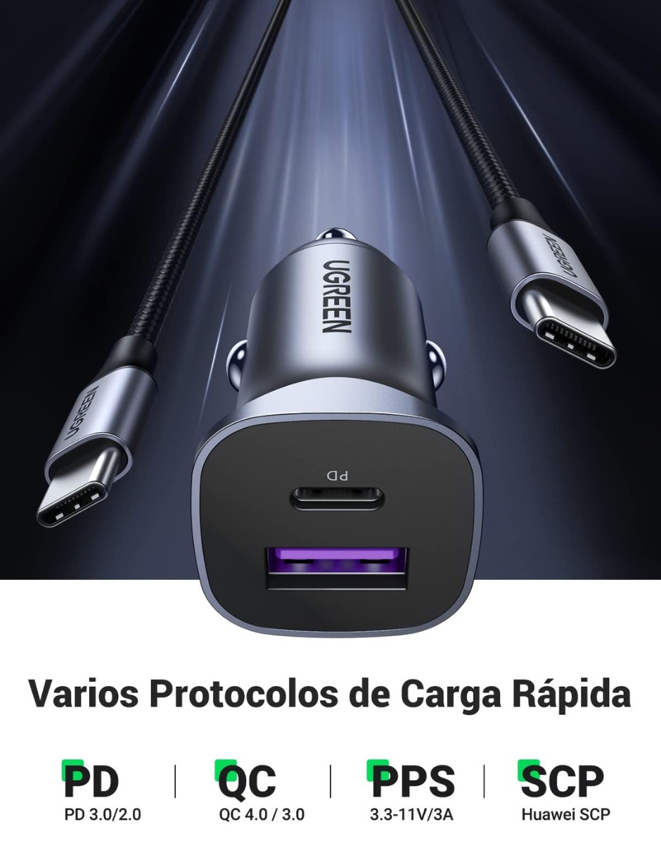 Cargador Auto Ugreen 30w 2 Puertos USB-C Y USB-A Carga R&aacute;pida image number null