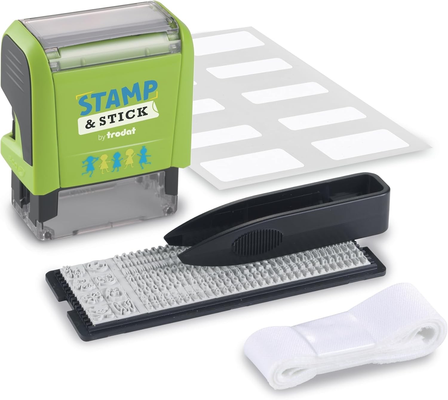 Sello textil DIY Trodat Stamp and Stick, kit con etiquetas, cinta para ropa y set de letras image number null