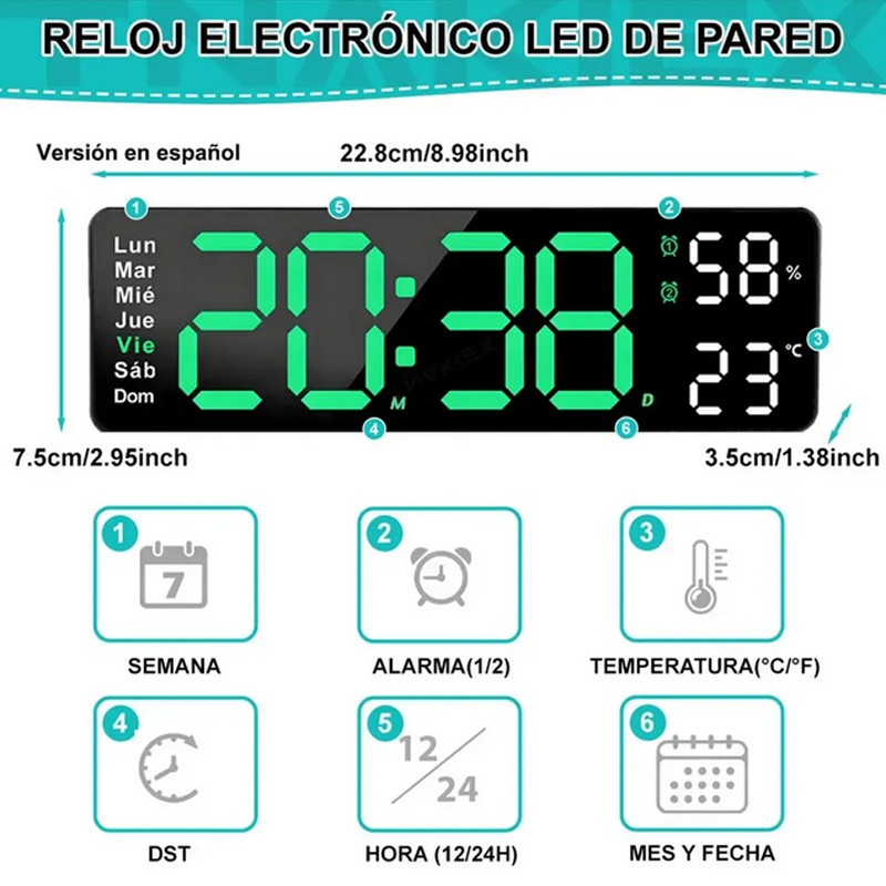 Reloj De Pared Digital Con Term&oacute;metro Alarmas Y Calendario image number null