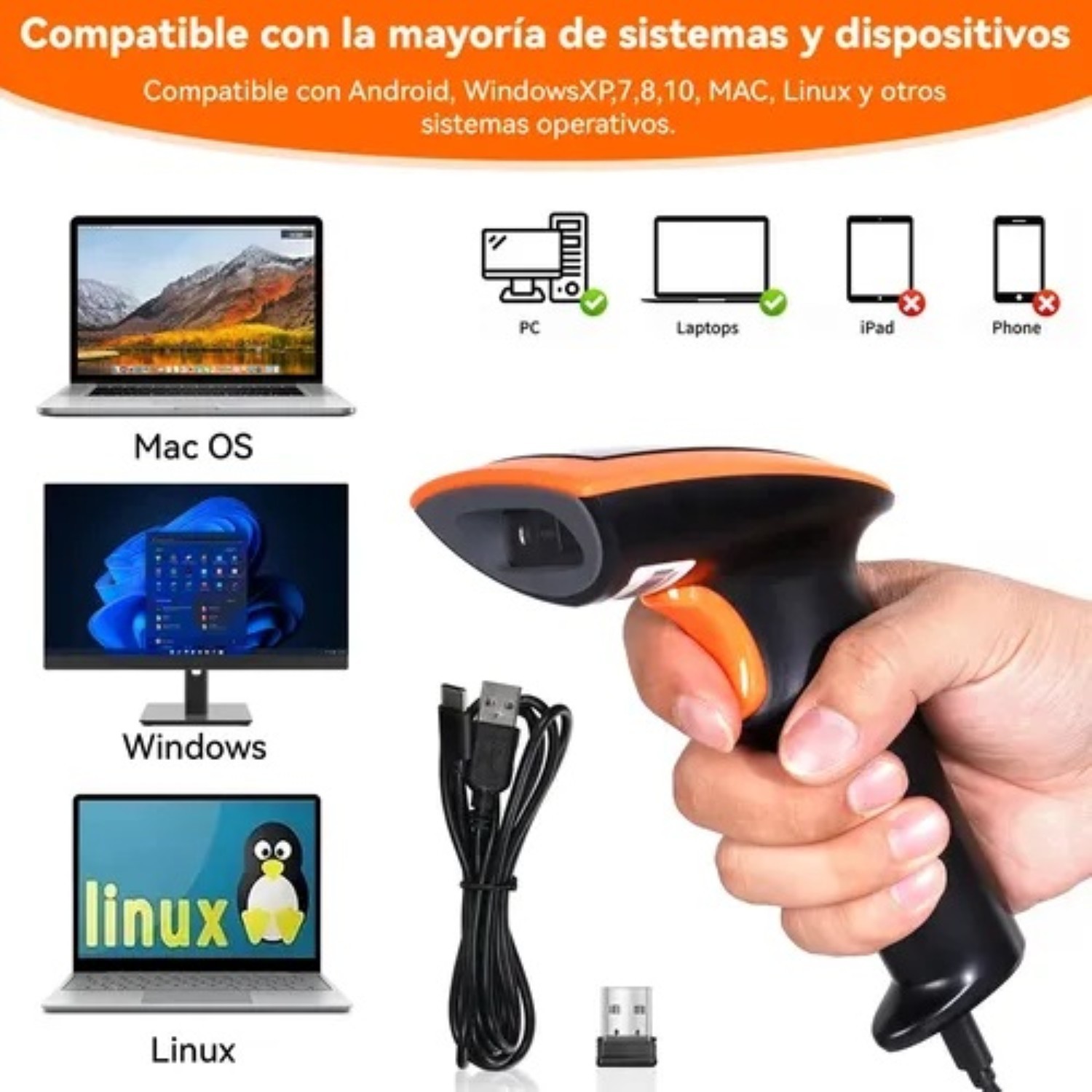 Esc&aacute;ner de c&oacute;digos de barras inal&aacute;mbrico 1D/2D con receptor USB image number null