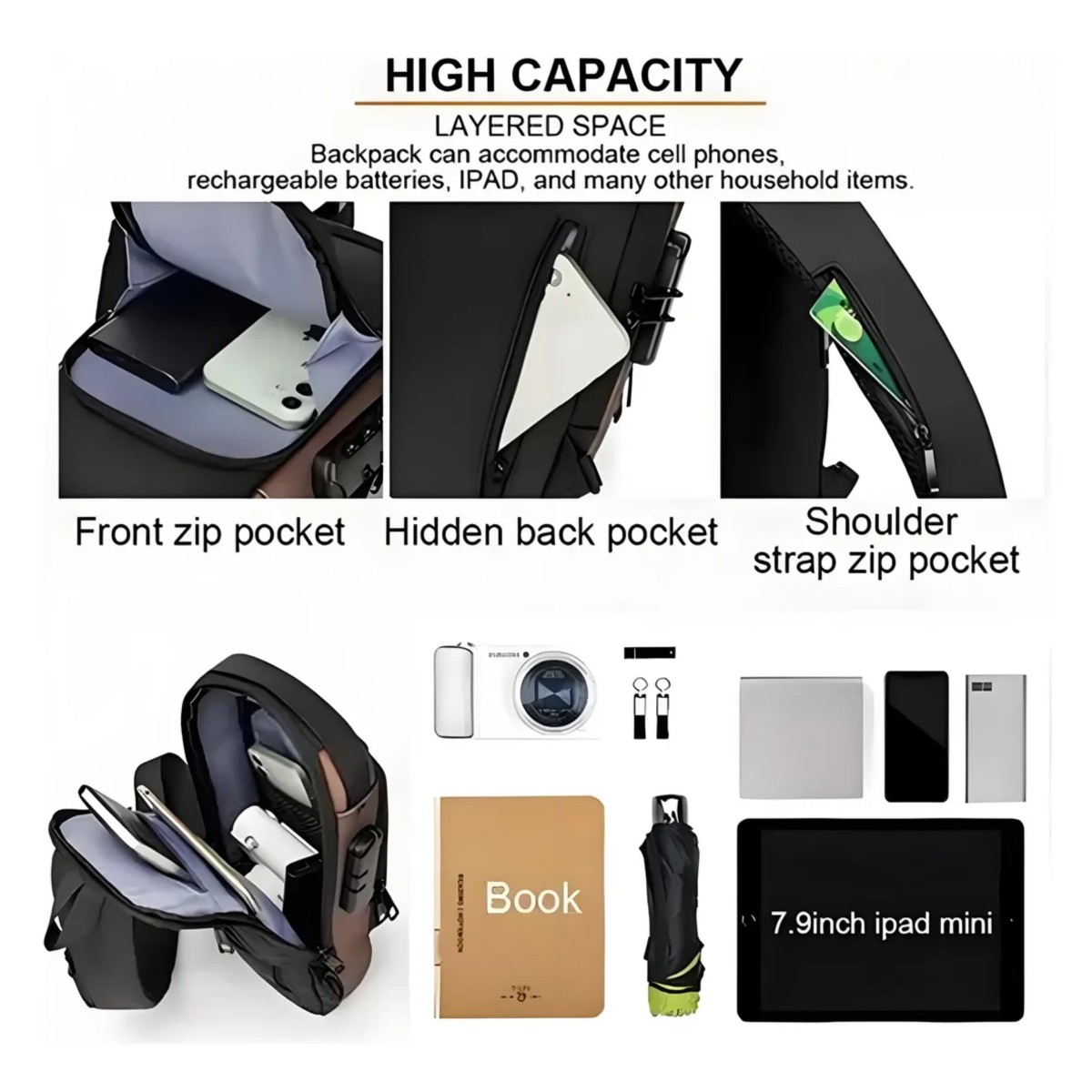 Mochila Cruzada Antirrobo Pechera Mariconera Calidad Con Usb Negro Caf&eacute; image number null