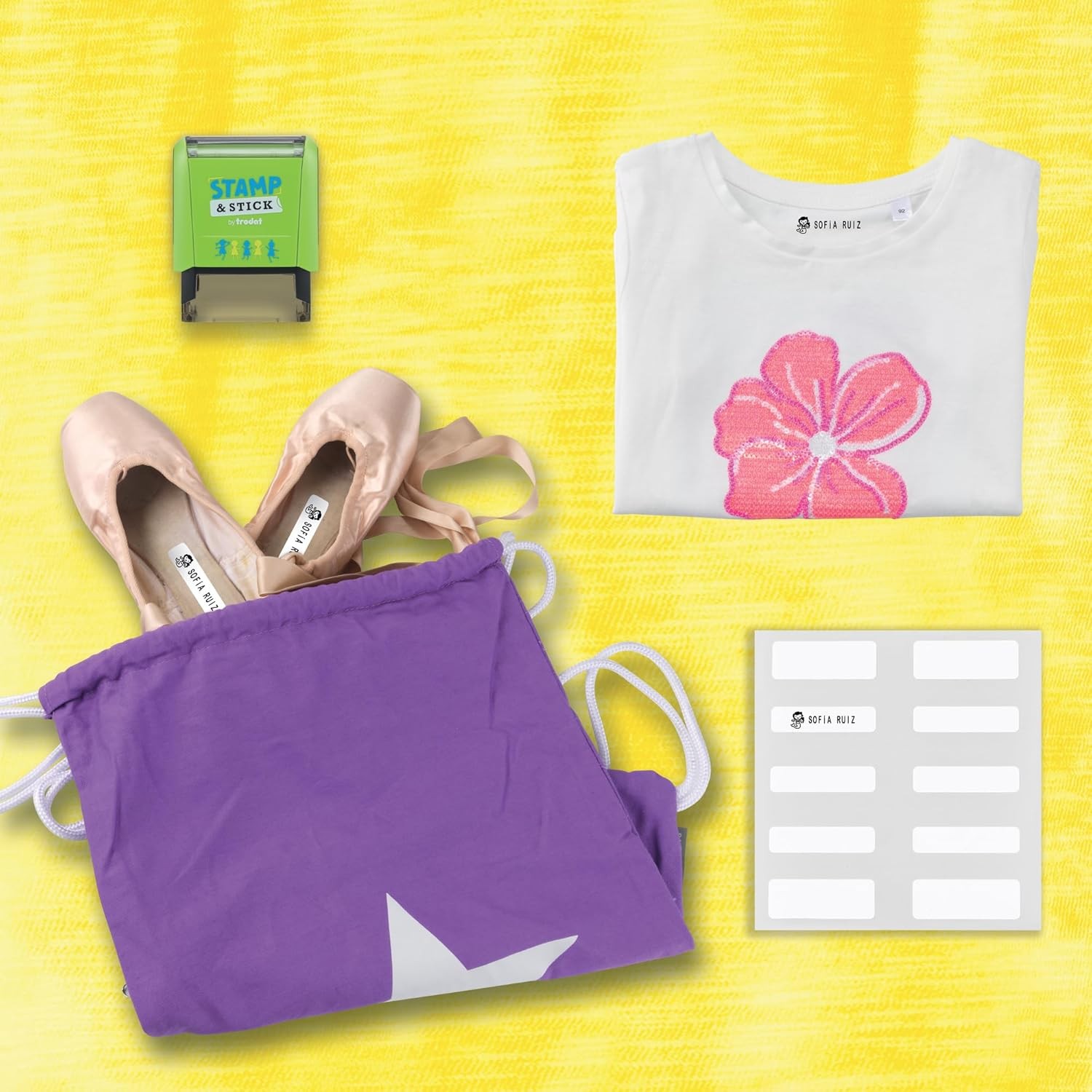 Sello textil DIY Trodat Stamp and Stick, kit con etiquetas, cinta para ropa y set de letras image number null