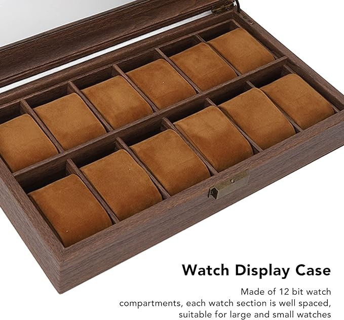 A Caja Organizadora de Reloj de Cuero PU con 12 Ranuras, Caja de Almacenamiento de Exhibici&oacute;n de Lujo de Grano de Madera con Parte Superior de Vidrio de Partici&oacute;n Grande para Almacenamiento Y Exhibici&oacute;n. image number null